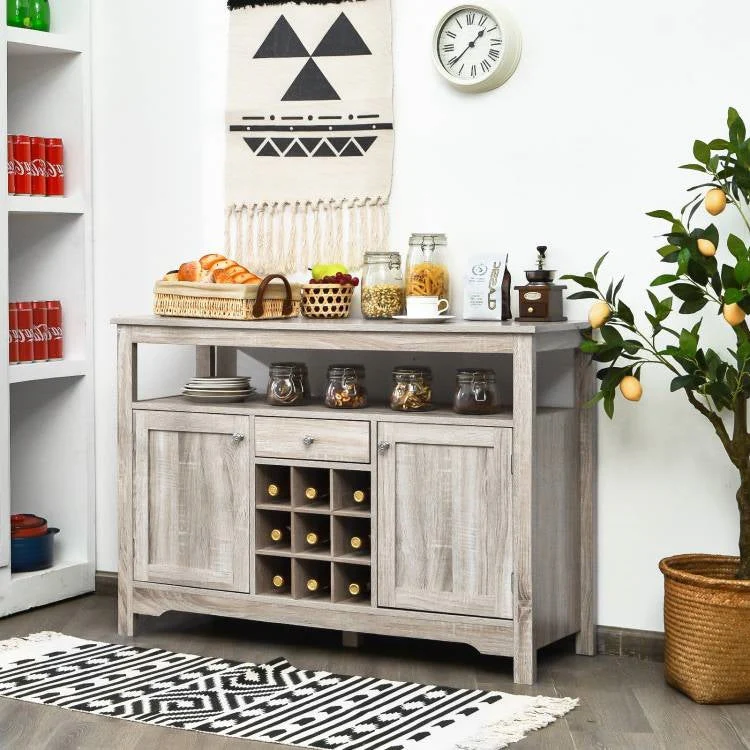 Grey Wood Sideboard Buffet Server Cabinet with Wine Rack and Storage Shelf - Image 3