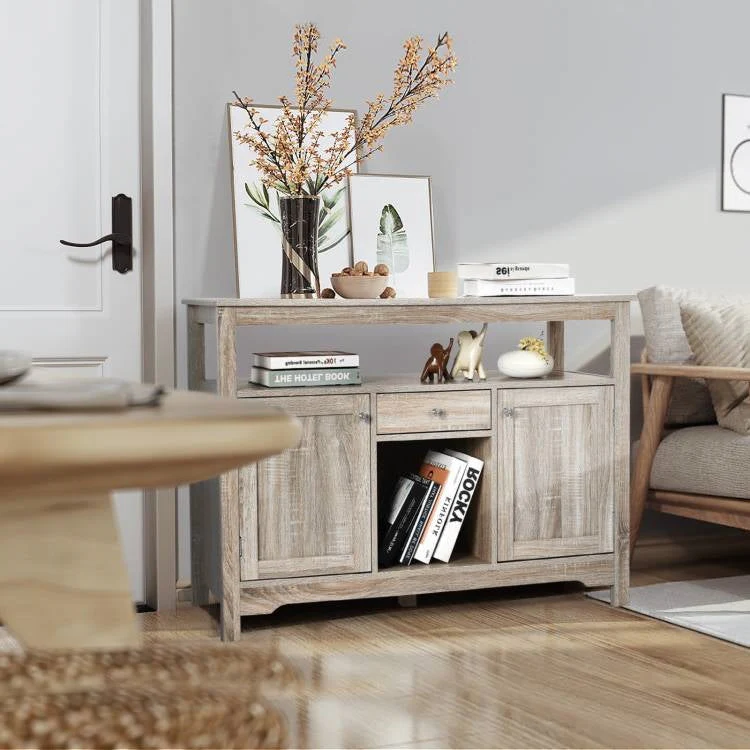 Grey Wood Sideboard Buffet Server Cabinet with Wine Rack and Storage Shelf - Image 4