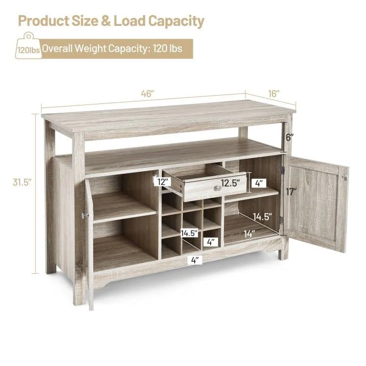 Grey Wood Sideboard Buffet Server Cabinet with Wine Rack and Storage Shelf - Image 5