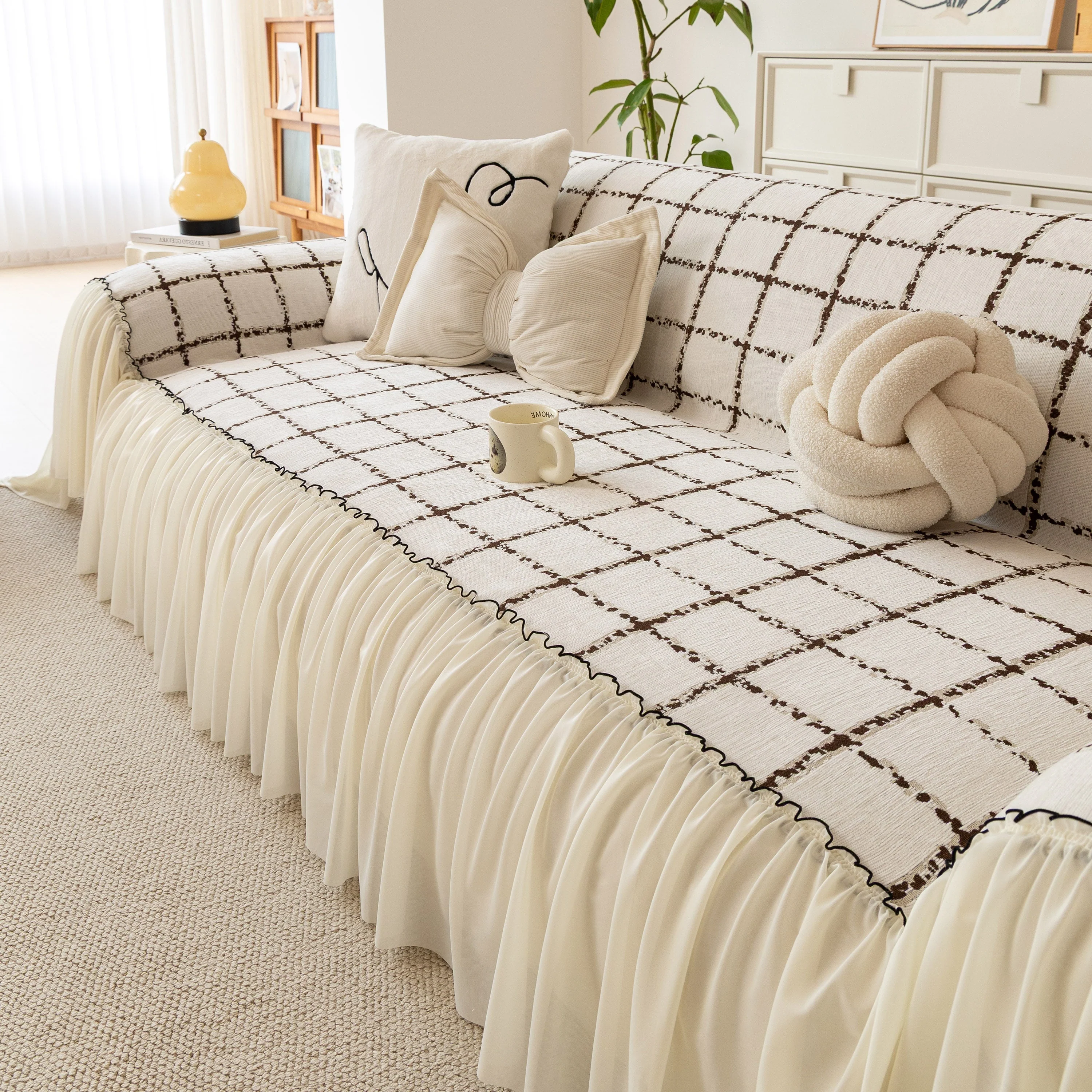 Grid Sofa Cover with Ruffle Skirt – Soft, Decorative, Full-Cover Couch Protector - Image 11