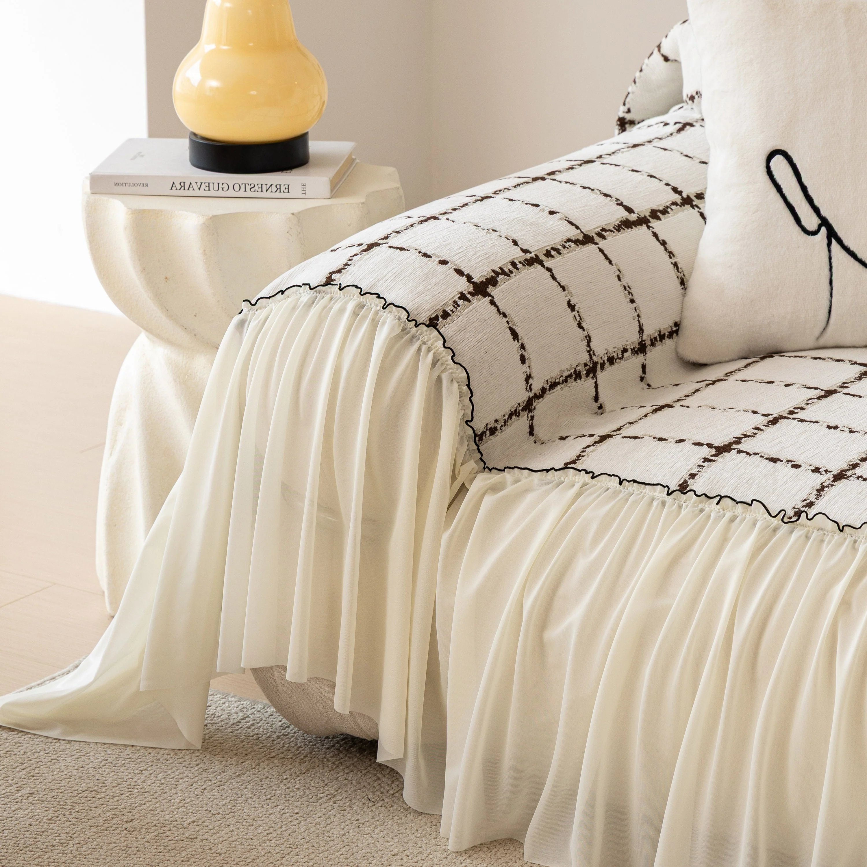 Grid Sofa Cover with Ruffle Skirt – Soft, Decorative, Full-Cover Couch Protector - Image 12