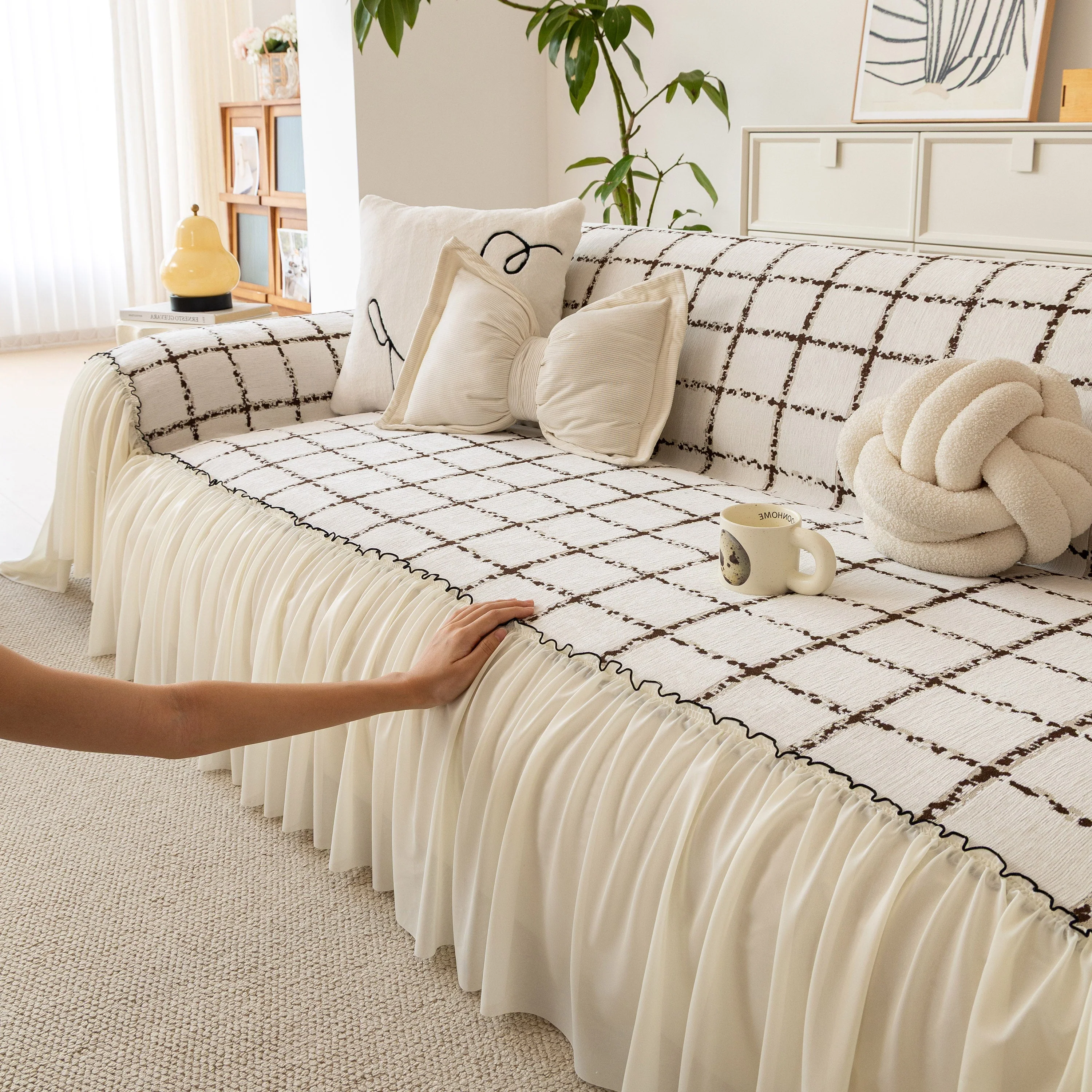 Grid Sofa Cover with Ruffle Skirt – Soft, Decorative, Full-Cover Couch Protector - Image 13