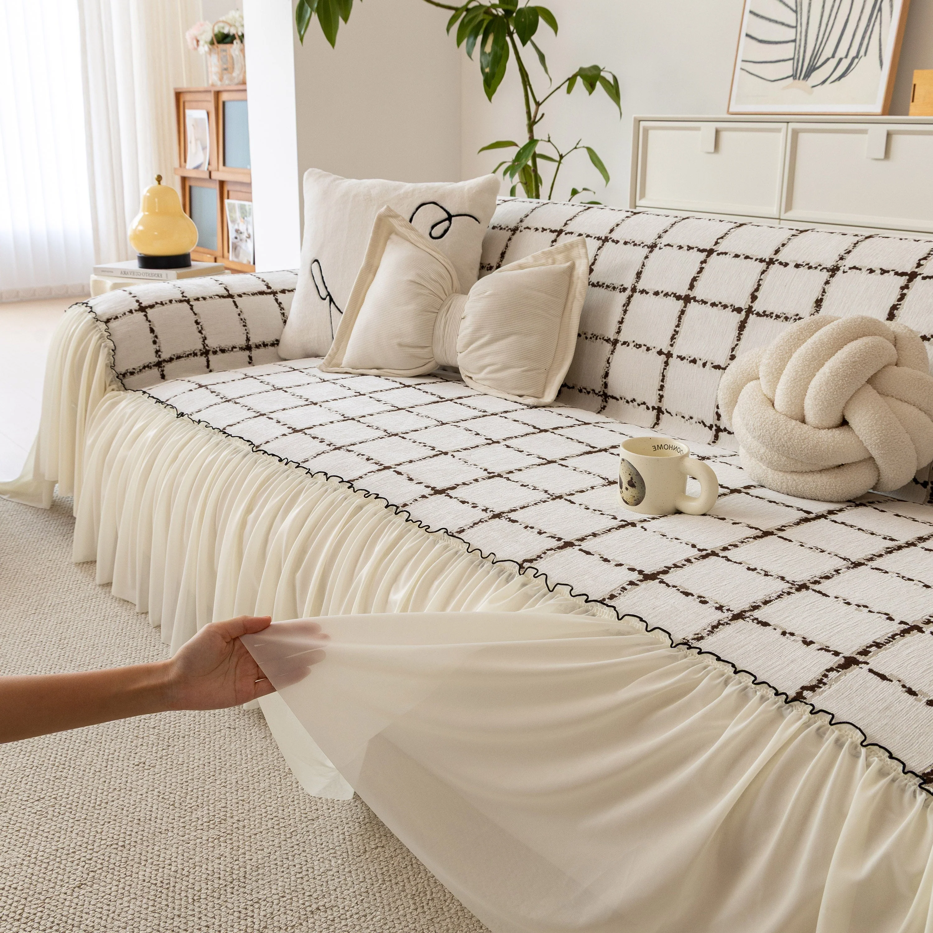 Grid Sofa Cover with Ruffle Skirt – Soft, Decorative, Full-Cover Couch Protector - Image 14