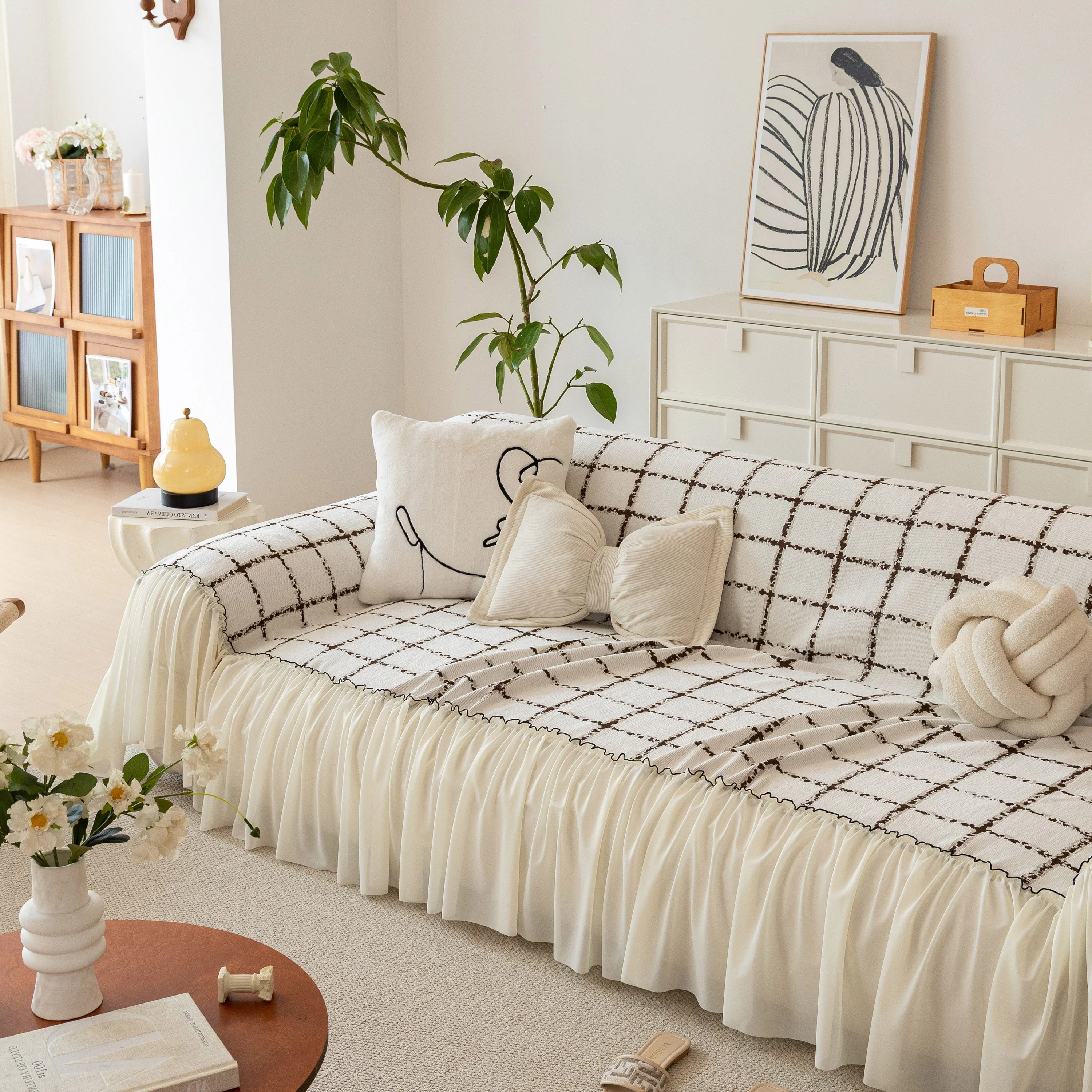 Grid Sofa Cover with Ruffle Skirt – Soft, Decorative, Full-Cover Couch Protector - Image 17
