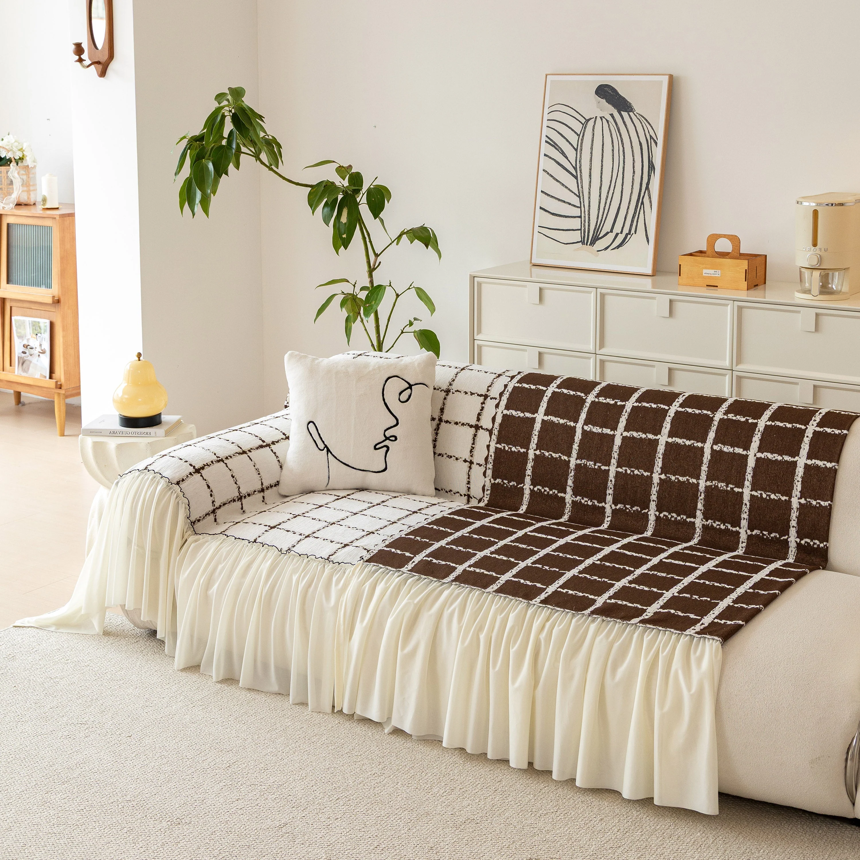 Grid Sofa Cover with Ruffle Skirt – Soft, Decorative, Full-Cover Couch Protector - Image 18
