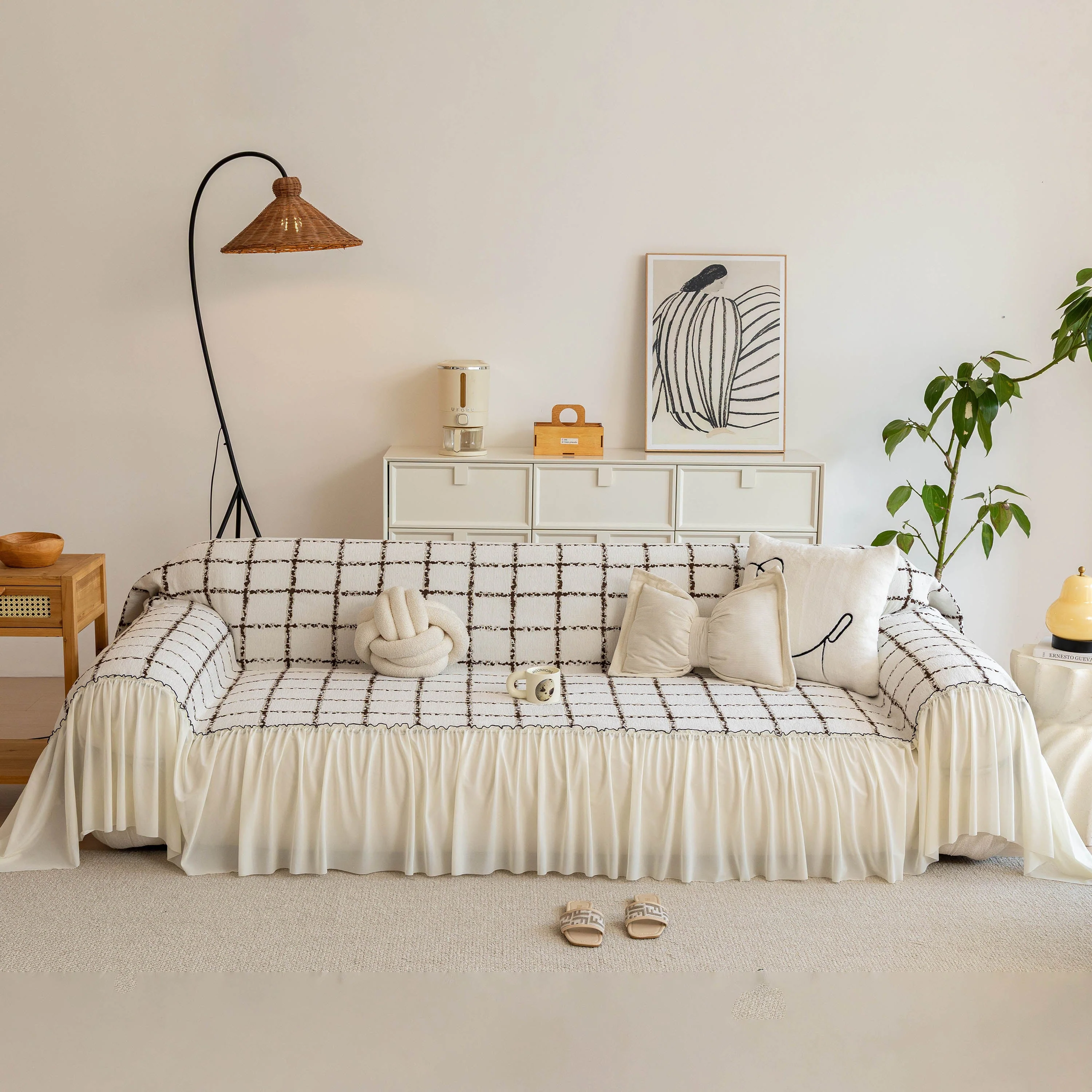 Grid Sofa Cover with Ruffle Skirt – Soft, Decorative, Full-Cover Couch Protector - Image 2