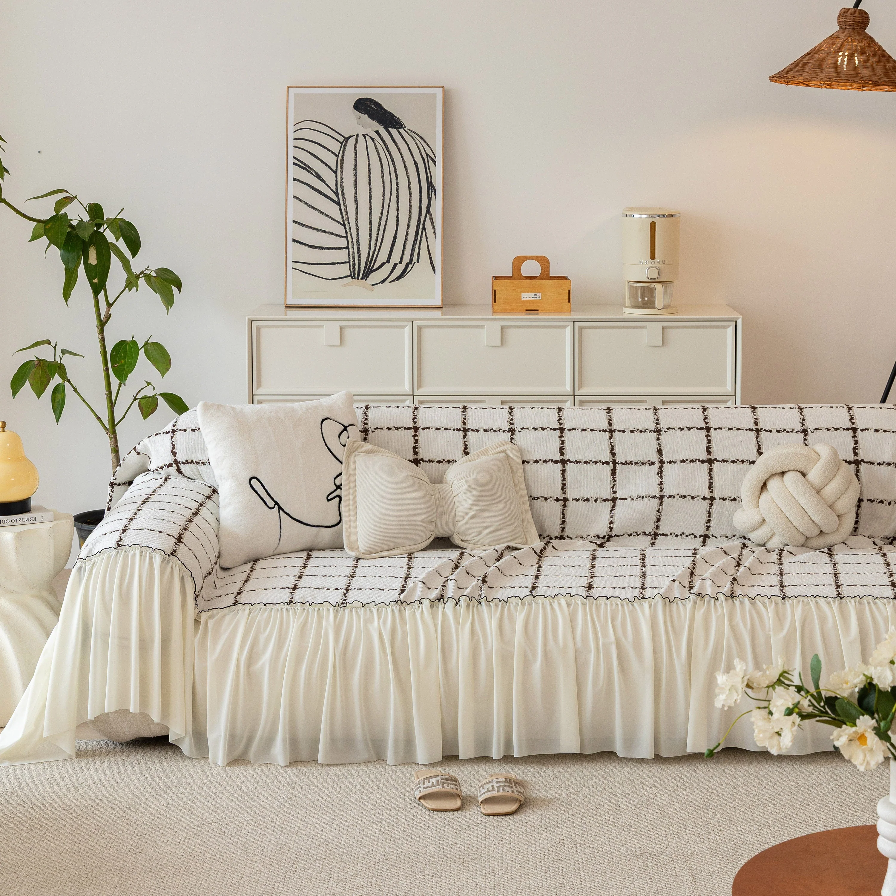 Grid Sofa Cover with Ruffle Skirt – Soft, Decorative, Full-Cover Couch Protector - Image 22