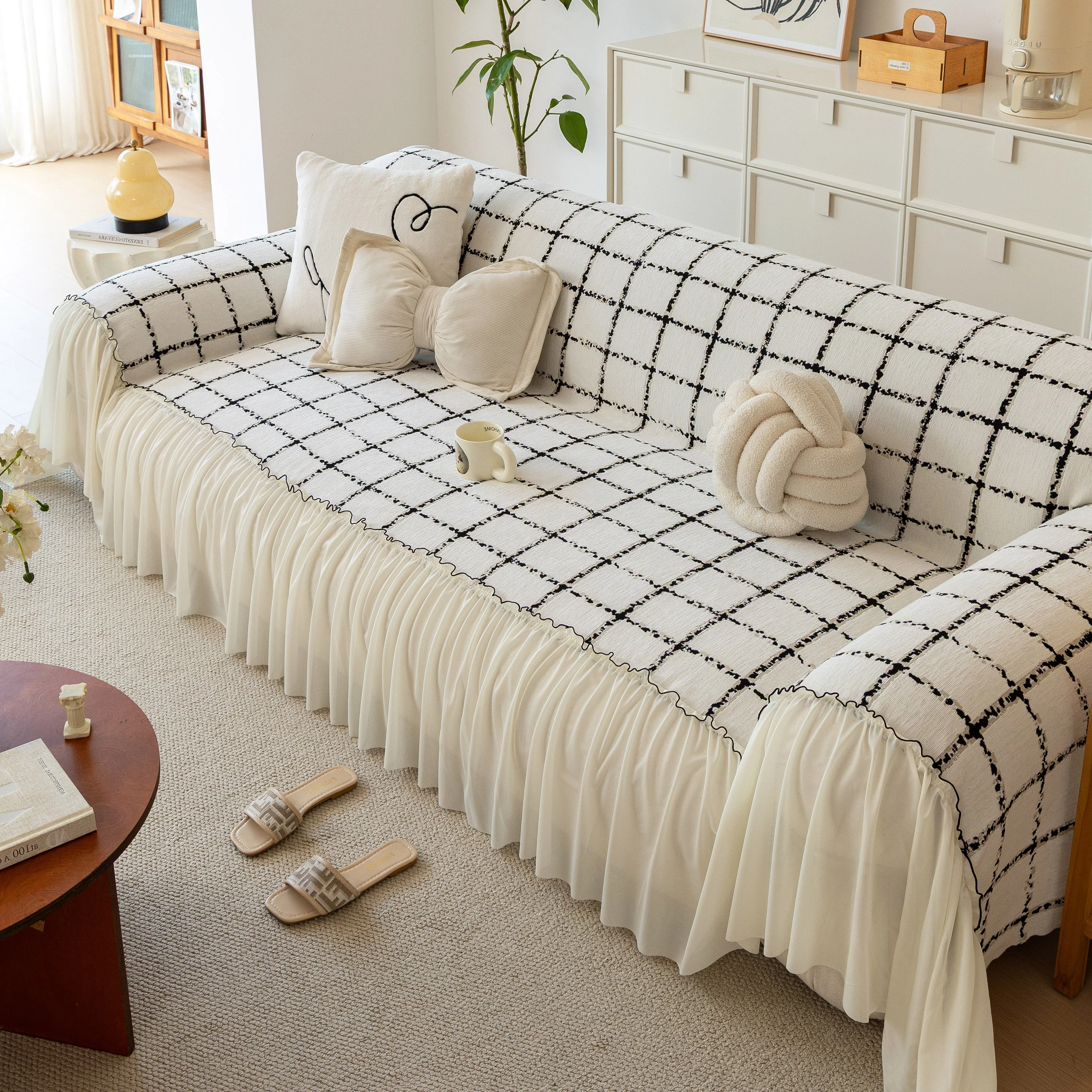 Grid Sofa Cover with Ruffle Skirt – Soft, Decorative, Full-Cover Couch Protector - Image 23