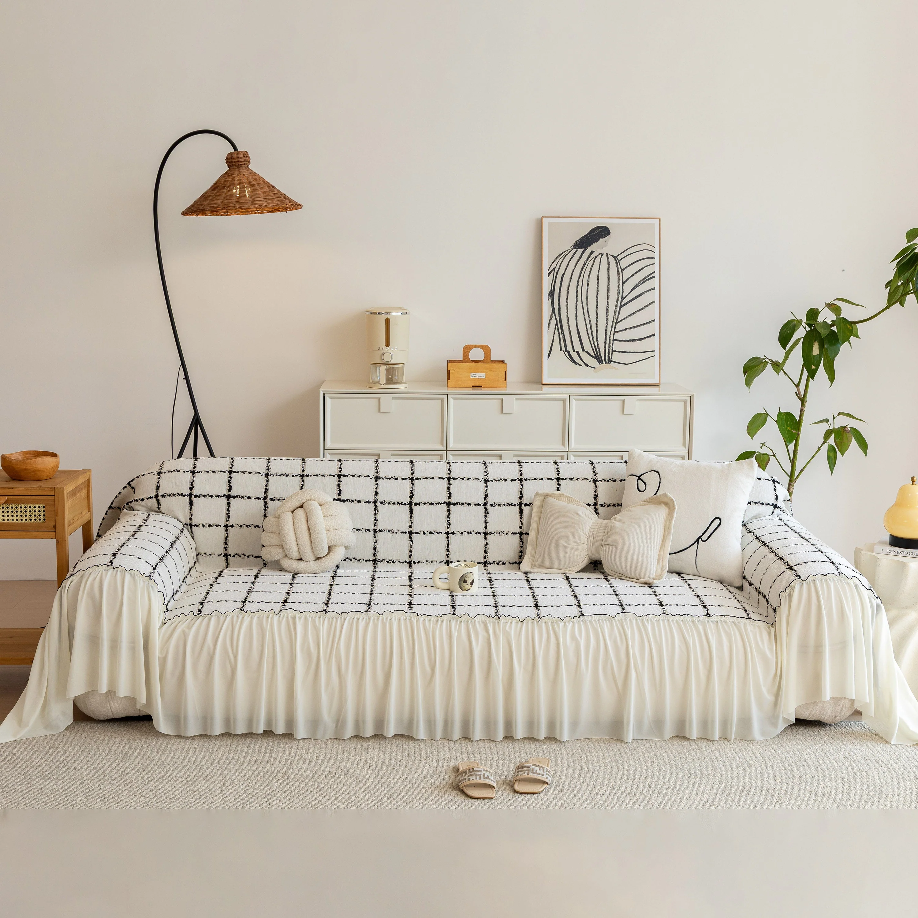 Grid Sofa Cover with Ruffle Skirt – Soft, Decorative, Full-Cover Couch Protector - Image 24