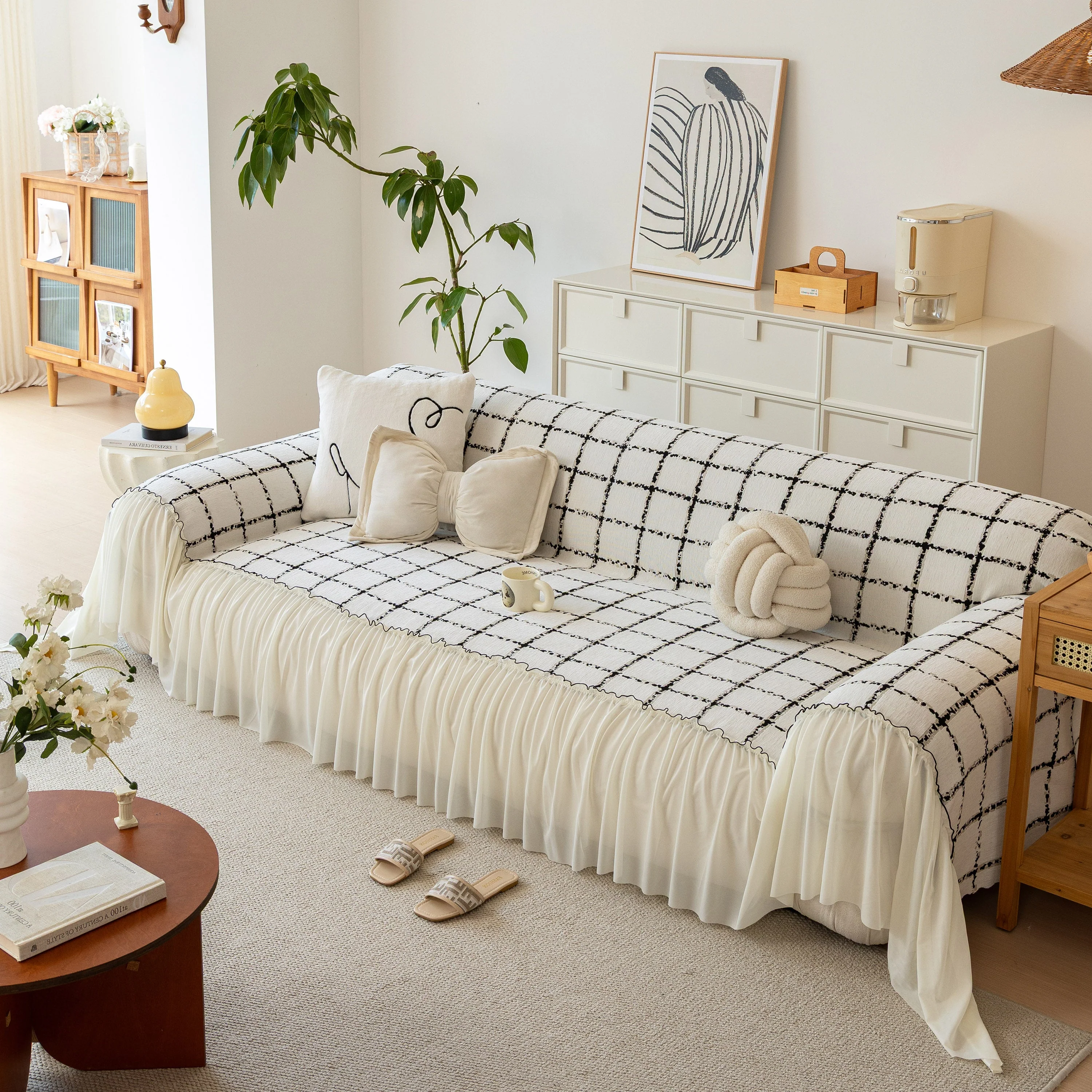 Grid Sofa Cover with Ruffle Skirt – Soft, Decorative, Full-Cover Couch Protector - Image 26