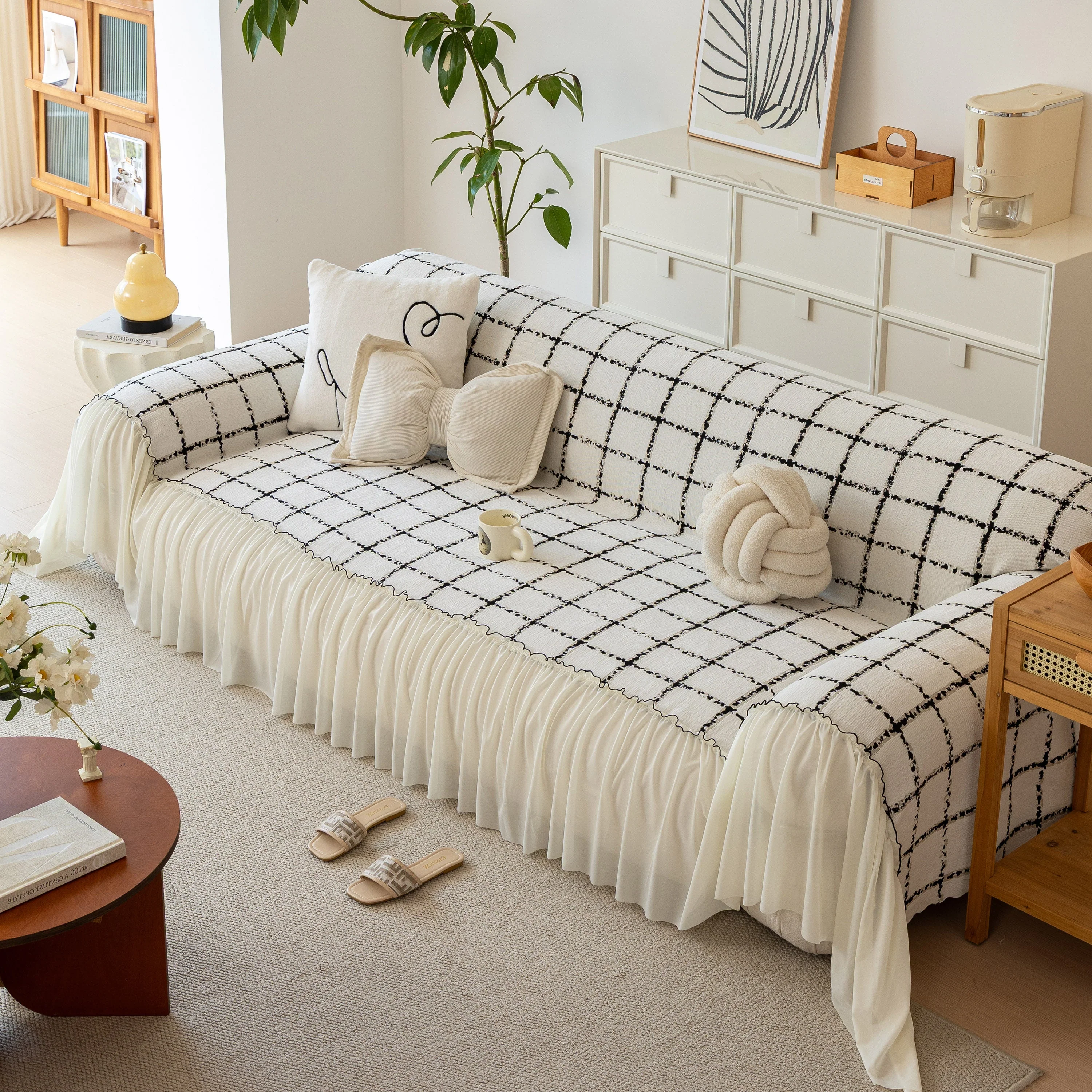 Grid Sofa Cover with Ruffle Skirt – Soft, Decorative, Full-Cover Couch Protector - Image 27