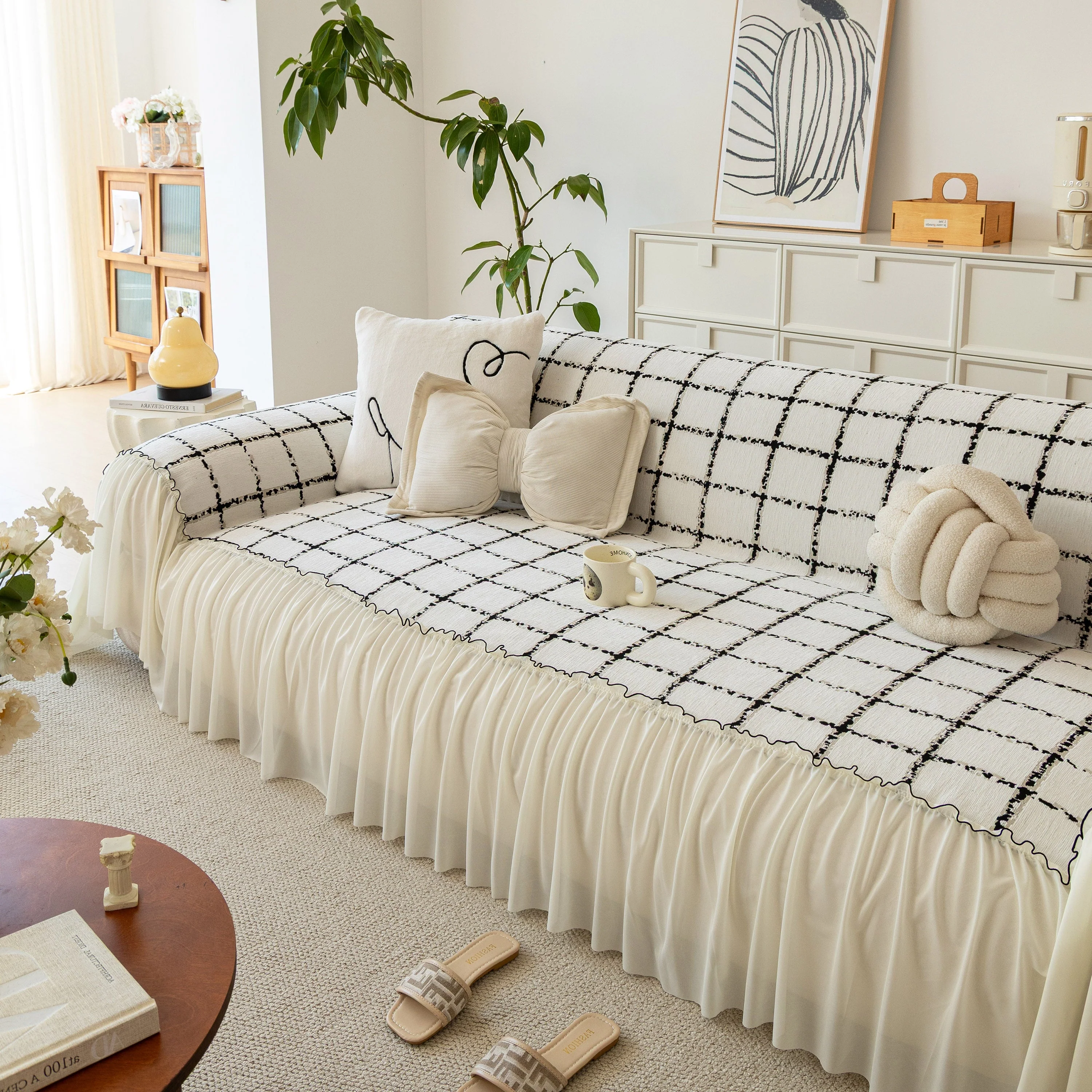 Grid Sofa Cover with Ruffle Skirt – Soft, Decorative, Full-Cover Couch Protector - Image 30