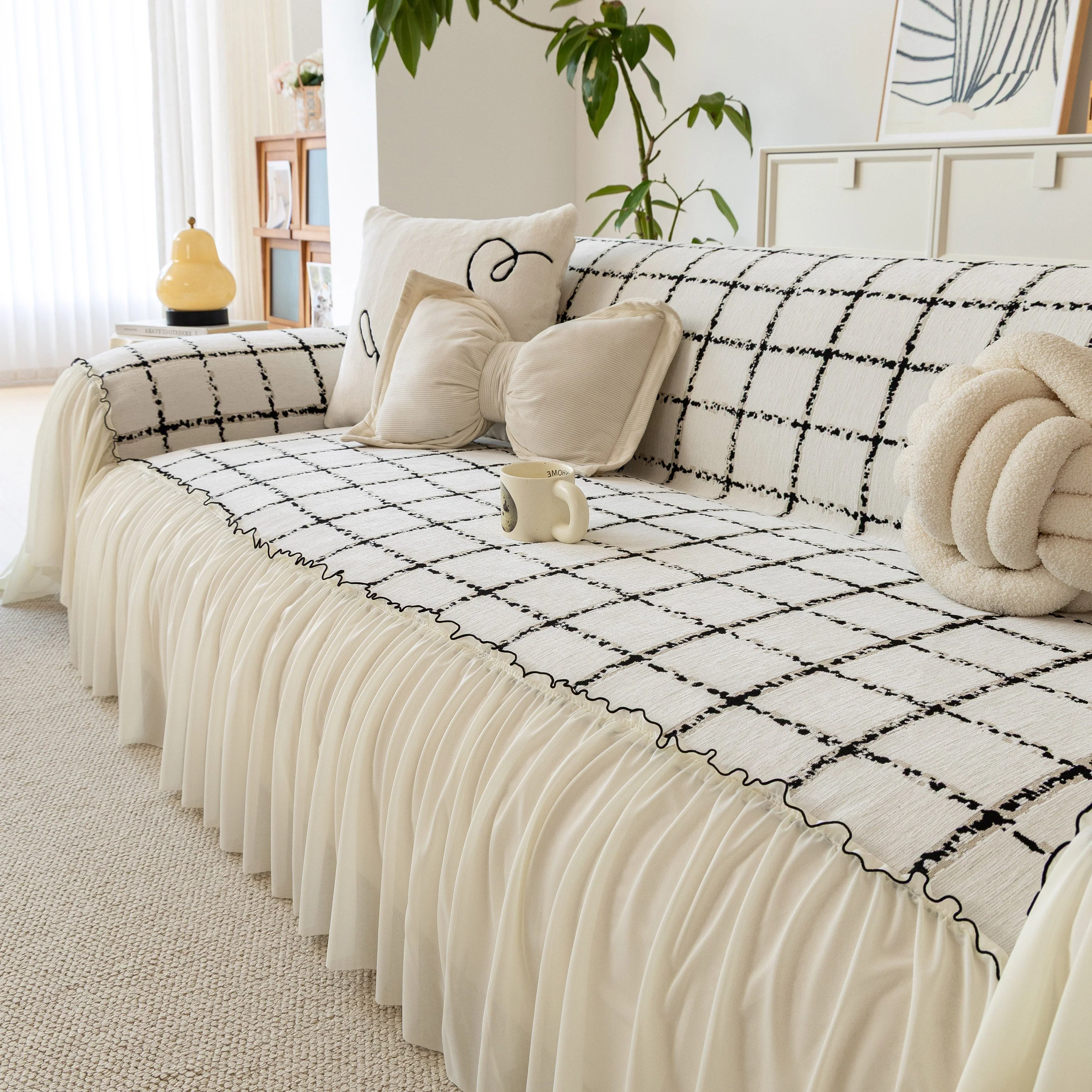 Grid Sofa Cover with Ruffle Skirt – Soft, Decorative, Full-Cover Couch Protector - Image 32