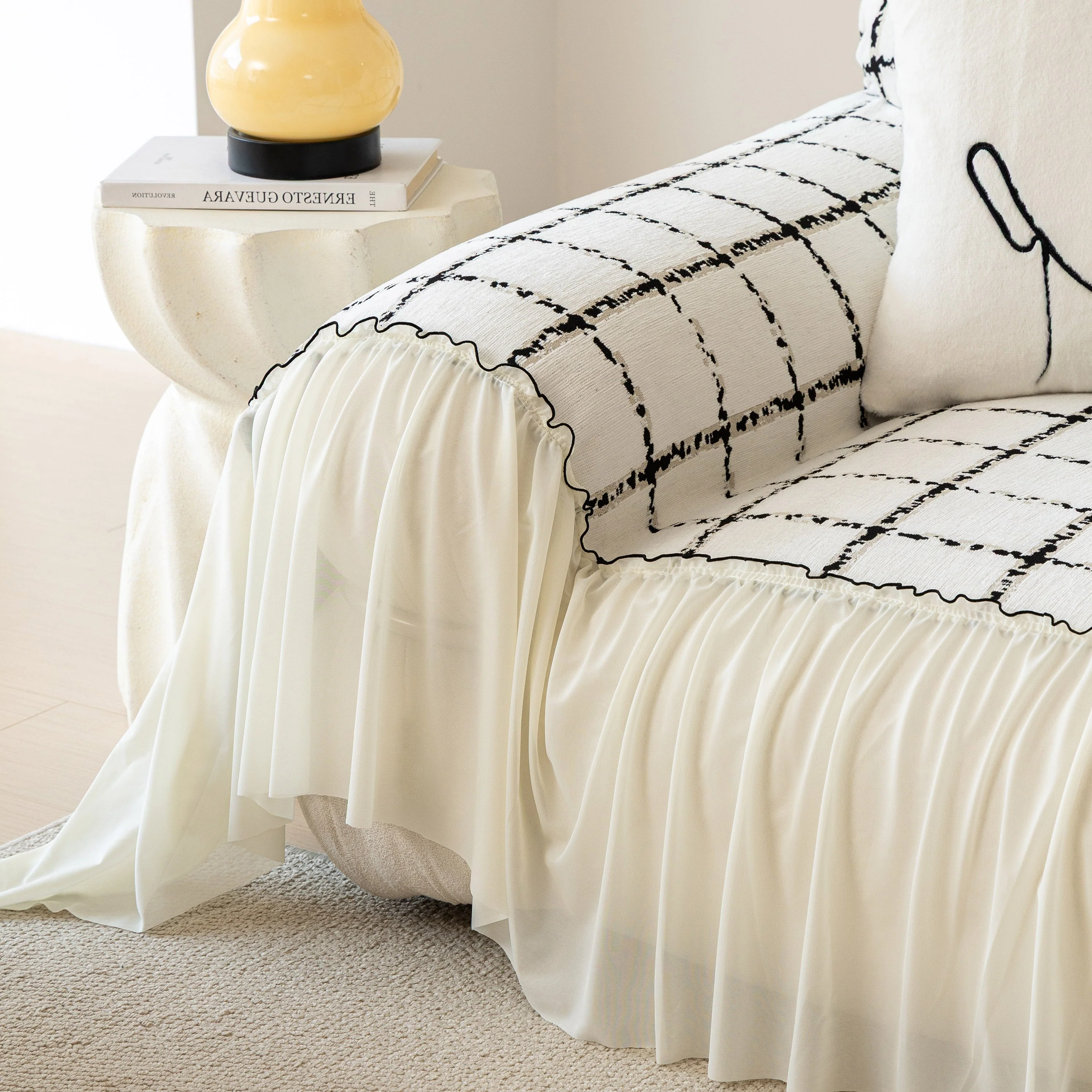 Grid Sofa Cover with Ruffle Skirt – Soft, Decorative, Full-Cover Couch Protector - Image 33