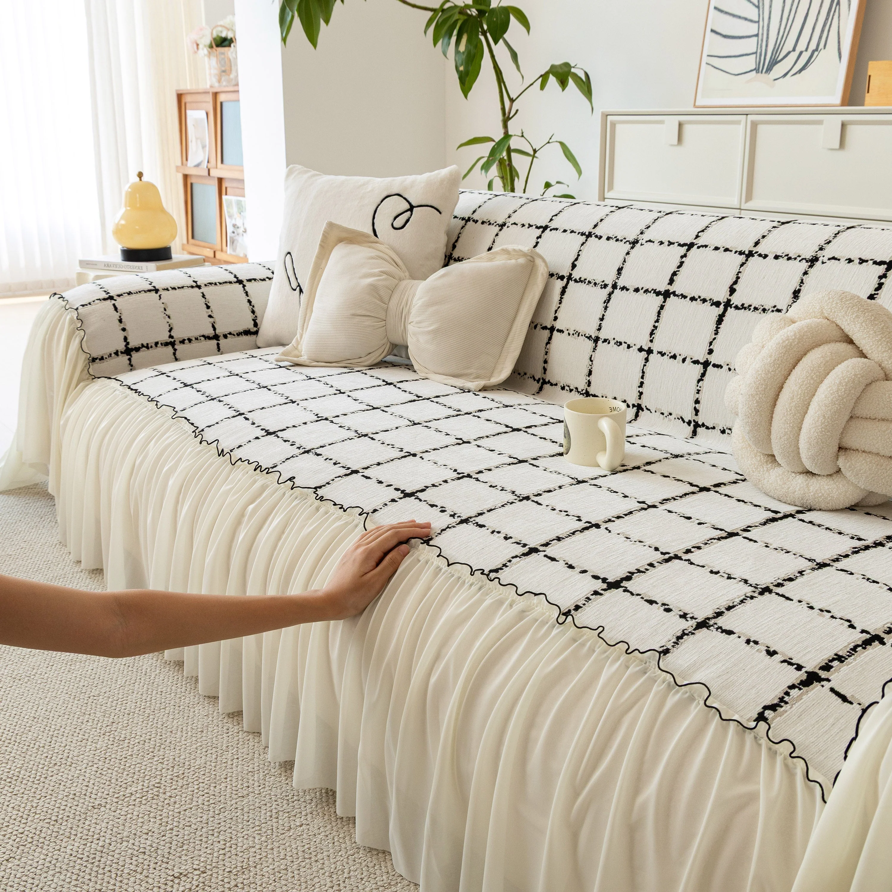 Grid Sofa Cover with Ruffle Skirt – Soft, Decorative, Full-Cover Couch Protector - Image 34