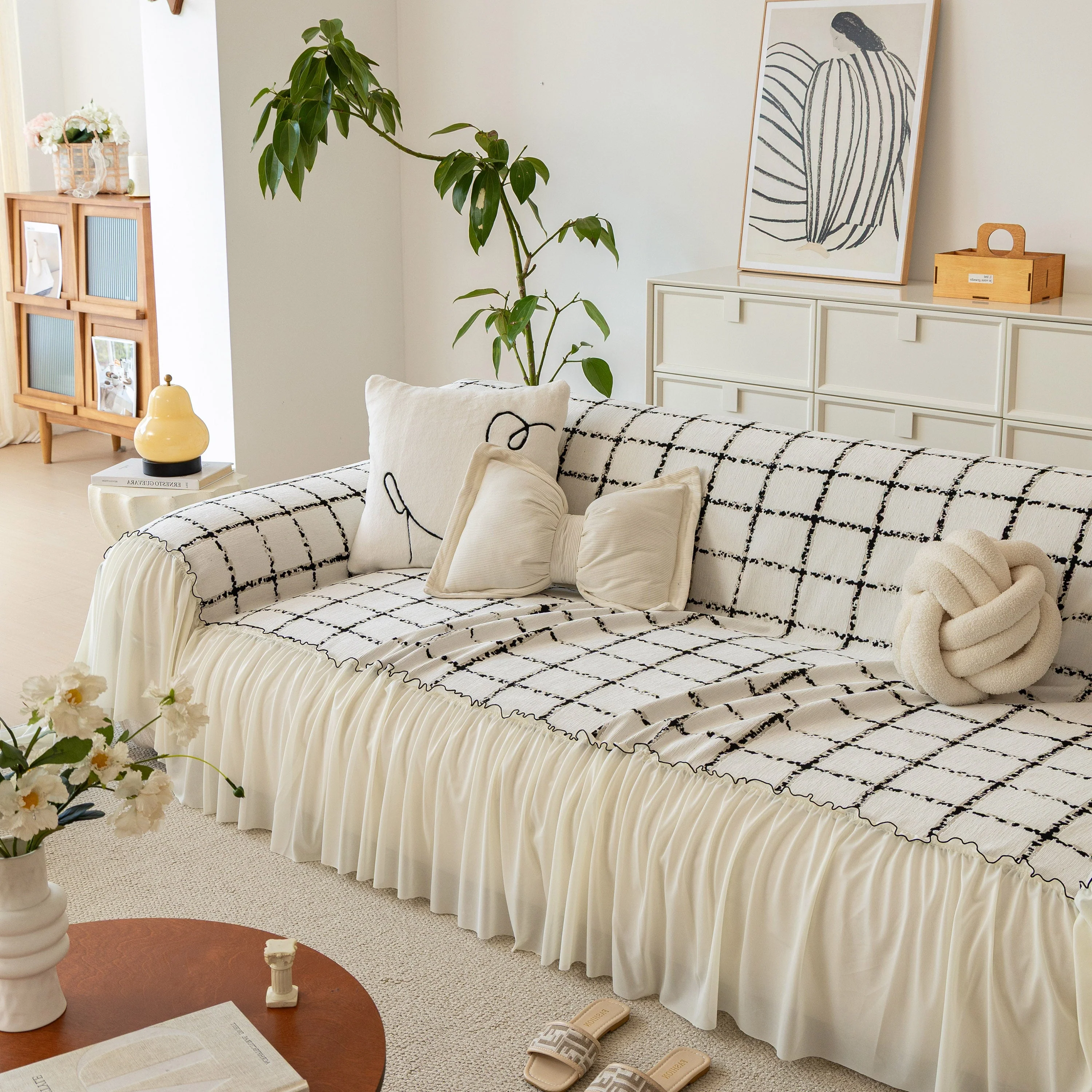 Grid Sofa Cover with Ruffle Skirt – Soft, Decorative, Full-Cover Couch Protector - Image 36