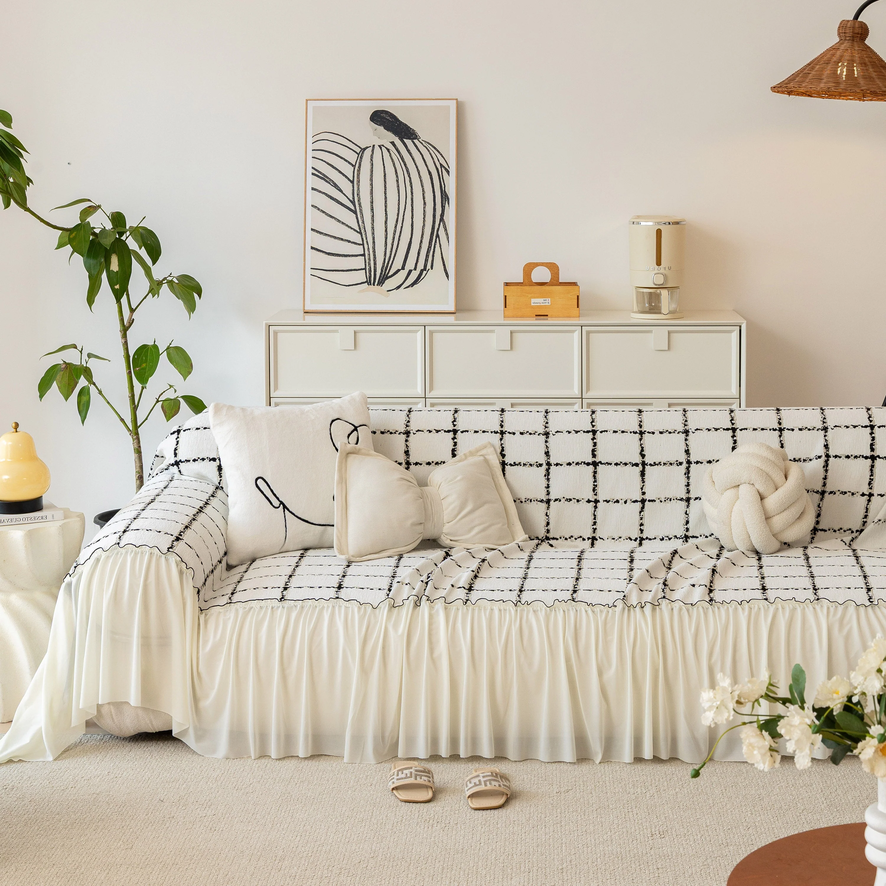 Grid Sofa Cover with Ruffle Skirt – Soft, Decorative, Full-Cover Couch Protector - Image 37