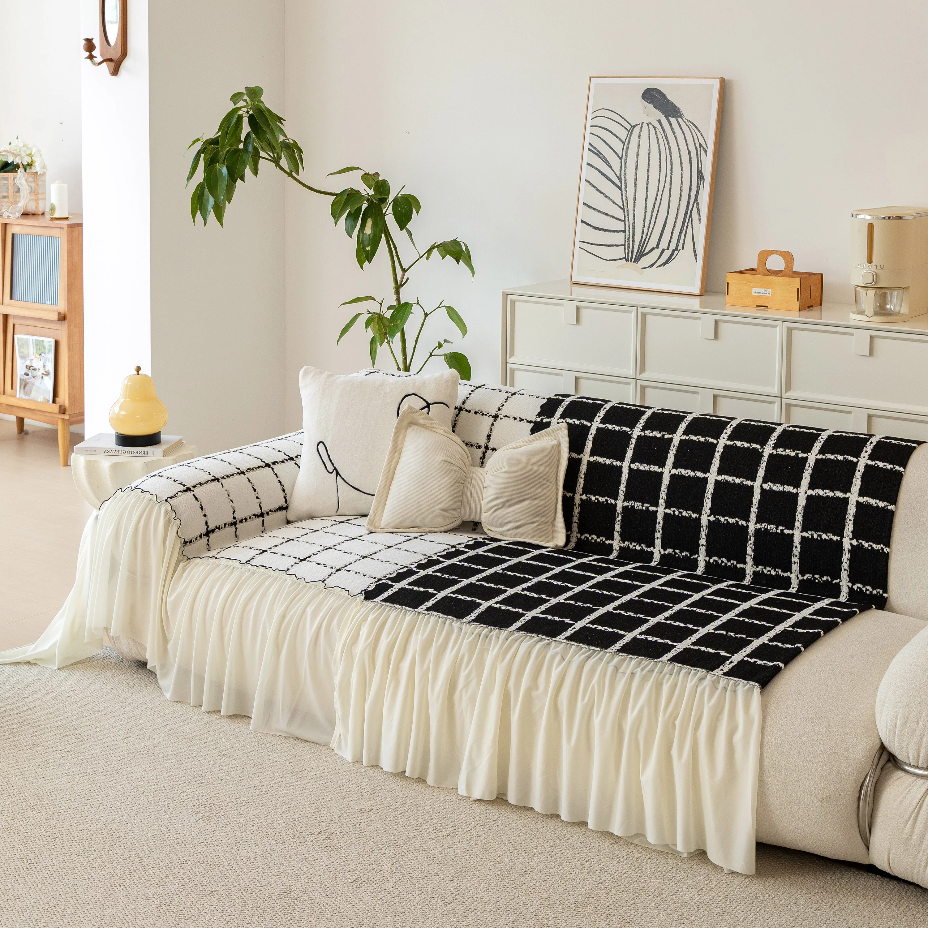 Grid Sofa Cover with Ruffle Skirt – Soft, Decorative, Full-Cover Couch Protector - Image 39