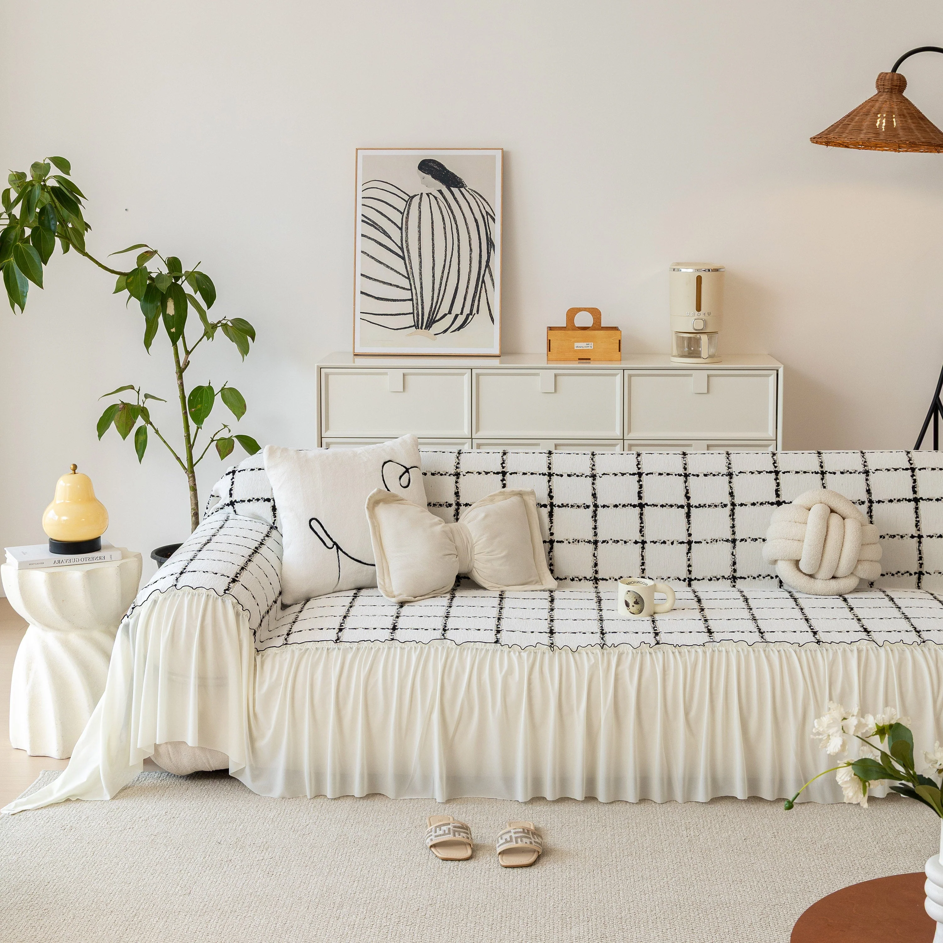 Grid Sofa Cover with Ruffle Skirt – Soft, Decorative, Full-Cover Couch Protector - Image 43