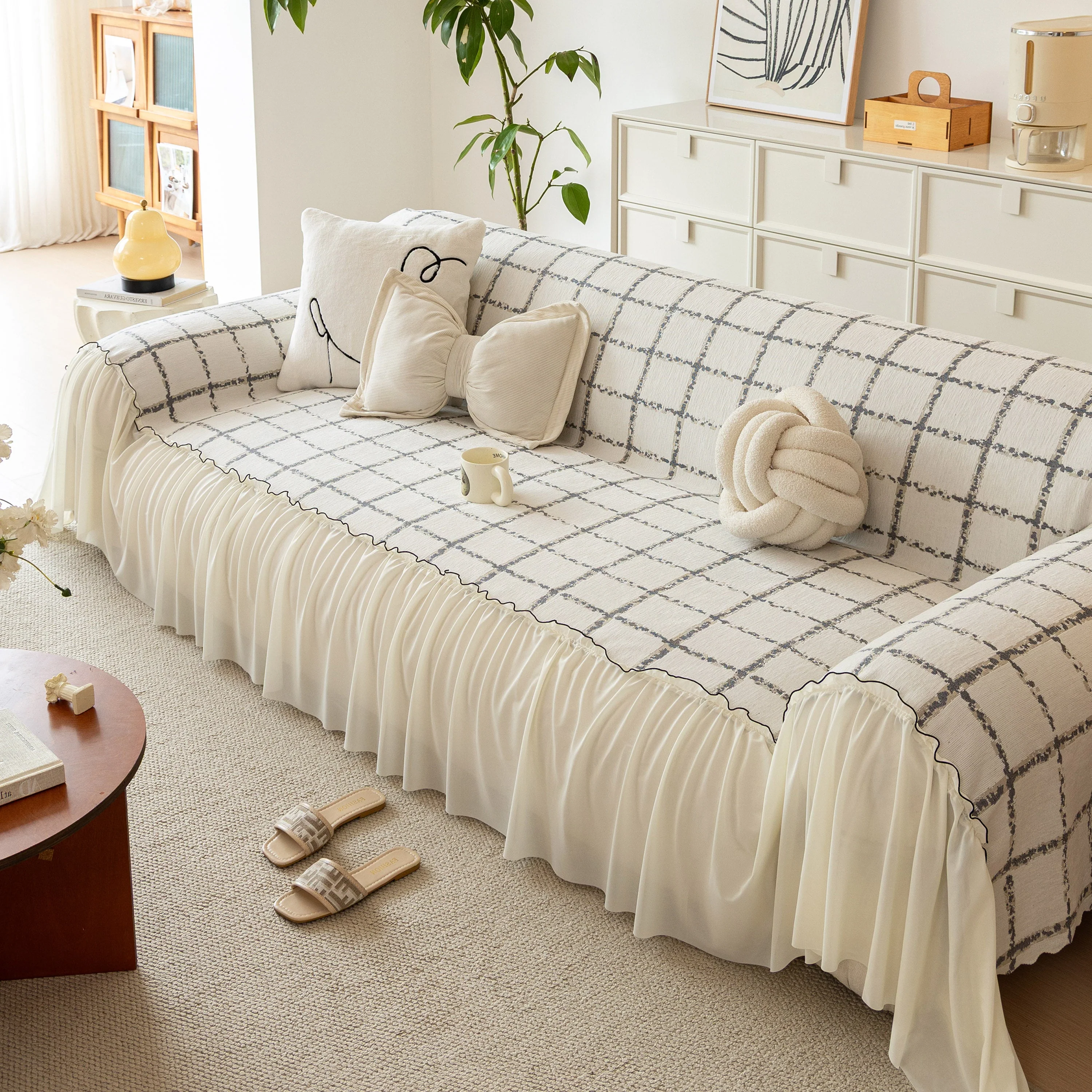 Grid Sofa Cover with Ruffle Skirt – Soft, Decorative, Full-Cover Couch Protector - Image 44