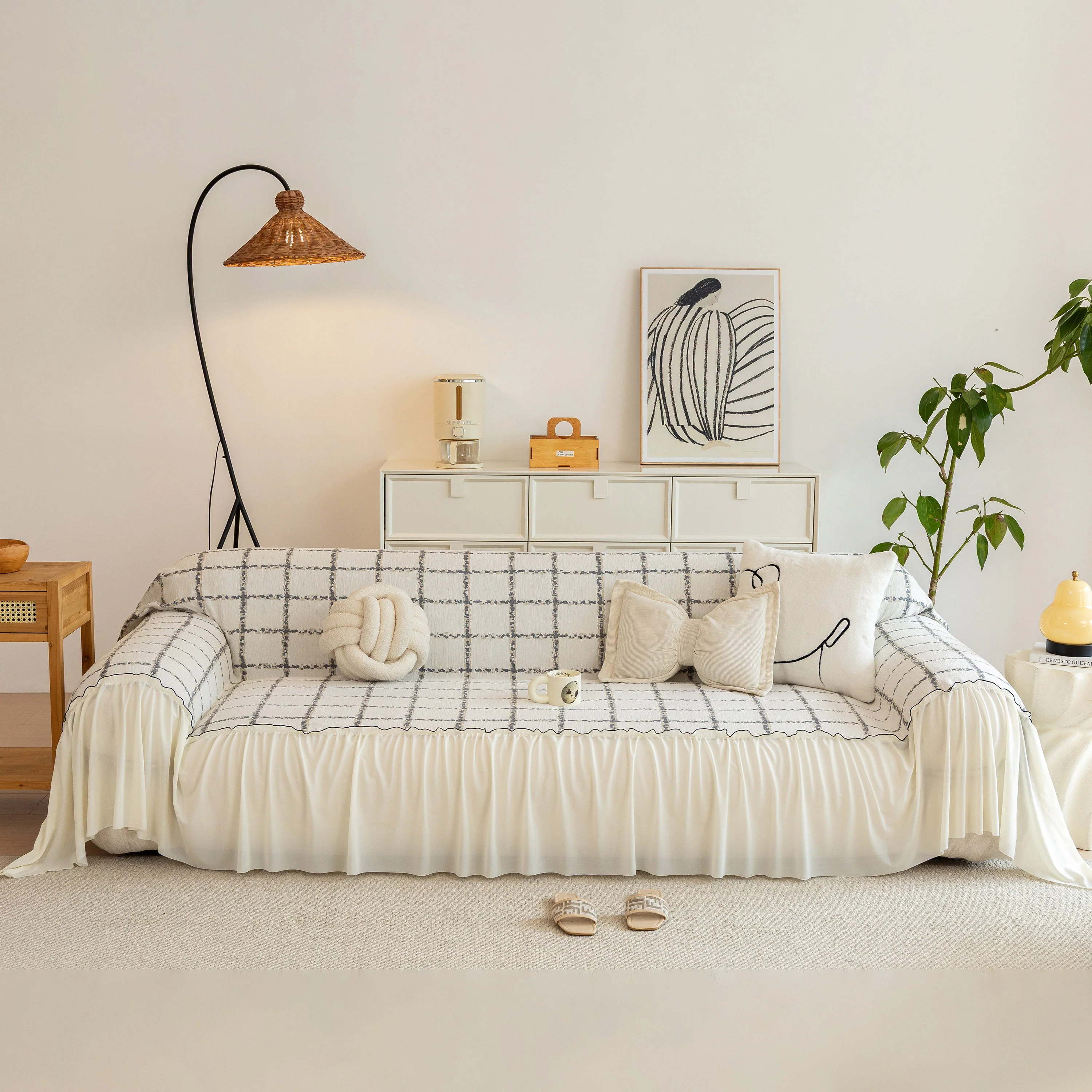Grid Sofa Cover with Ruffle Skirt – Soft, Decorative, Full-Cover Couch Protector - Image 45