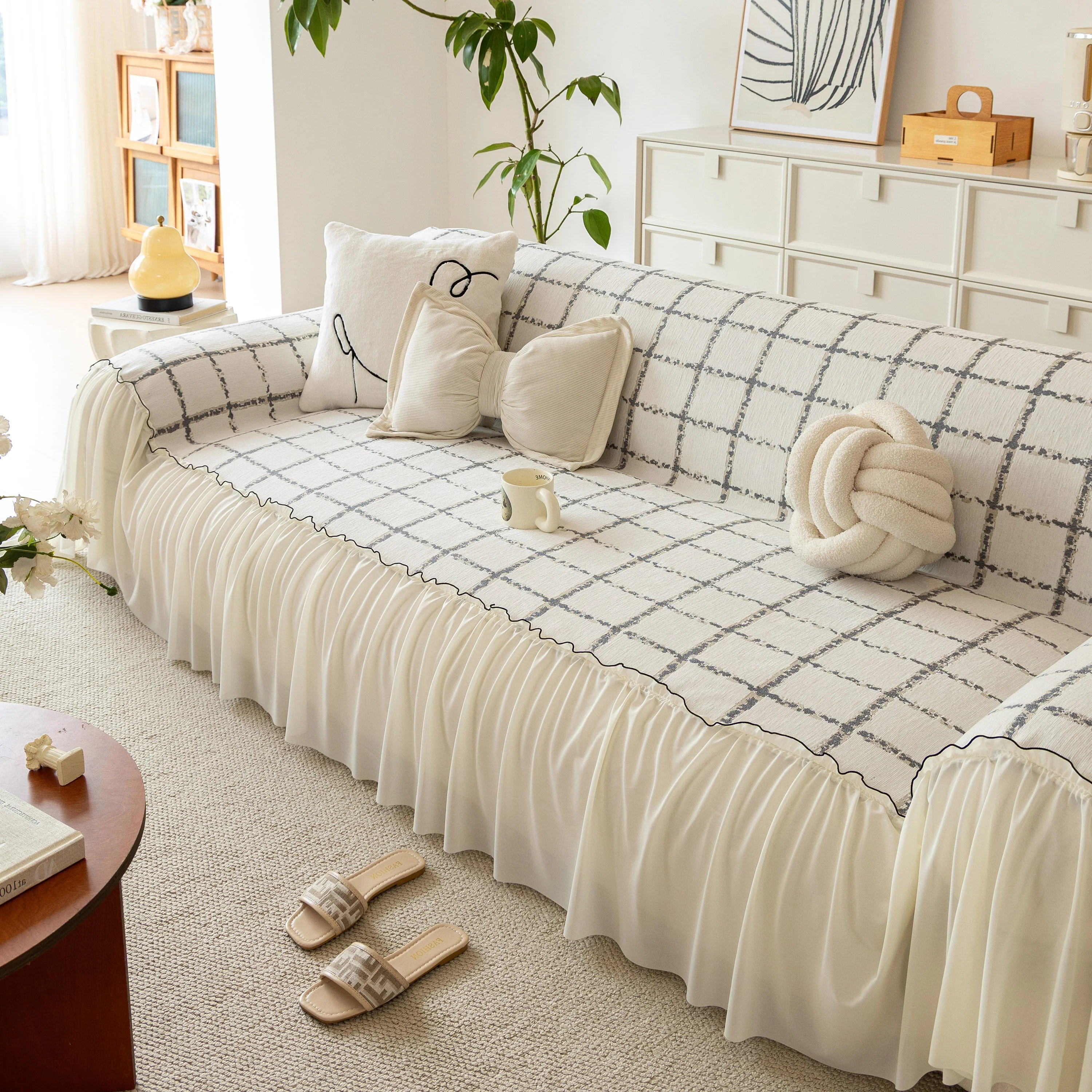 Grid Sofa Cover with Ruffle Skirt – Soft, Decorative, Full-Cover Couch Protector - Image 52