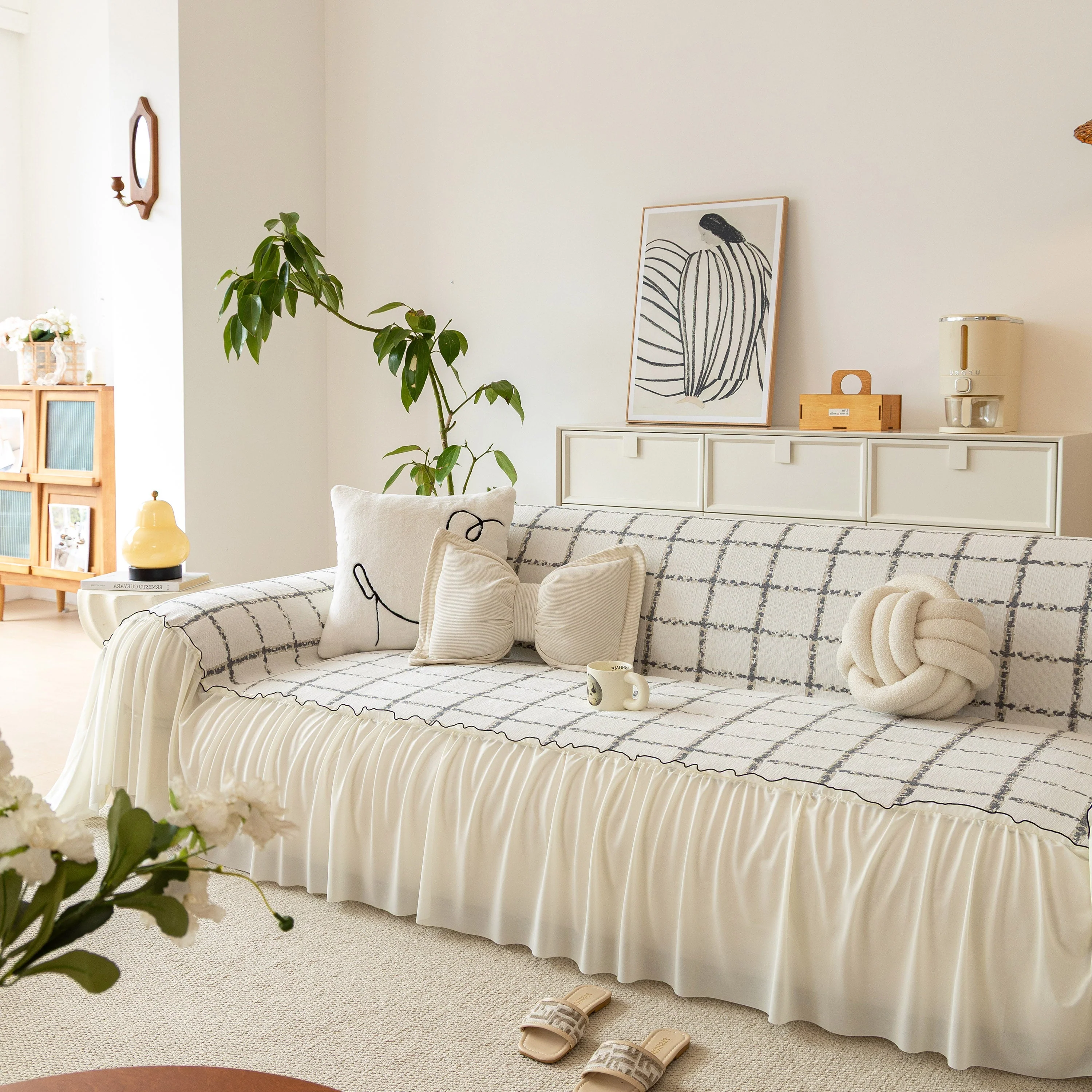 Grid Sofa Cover with Ruffle Skirt – Soft, Decorative, Full-Cover Couch Protector - Image 53