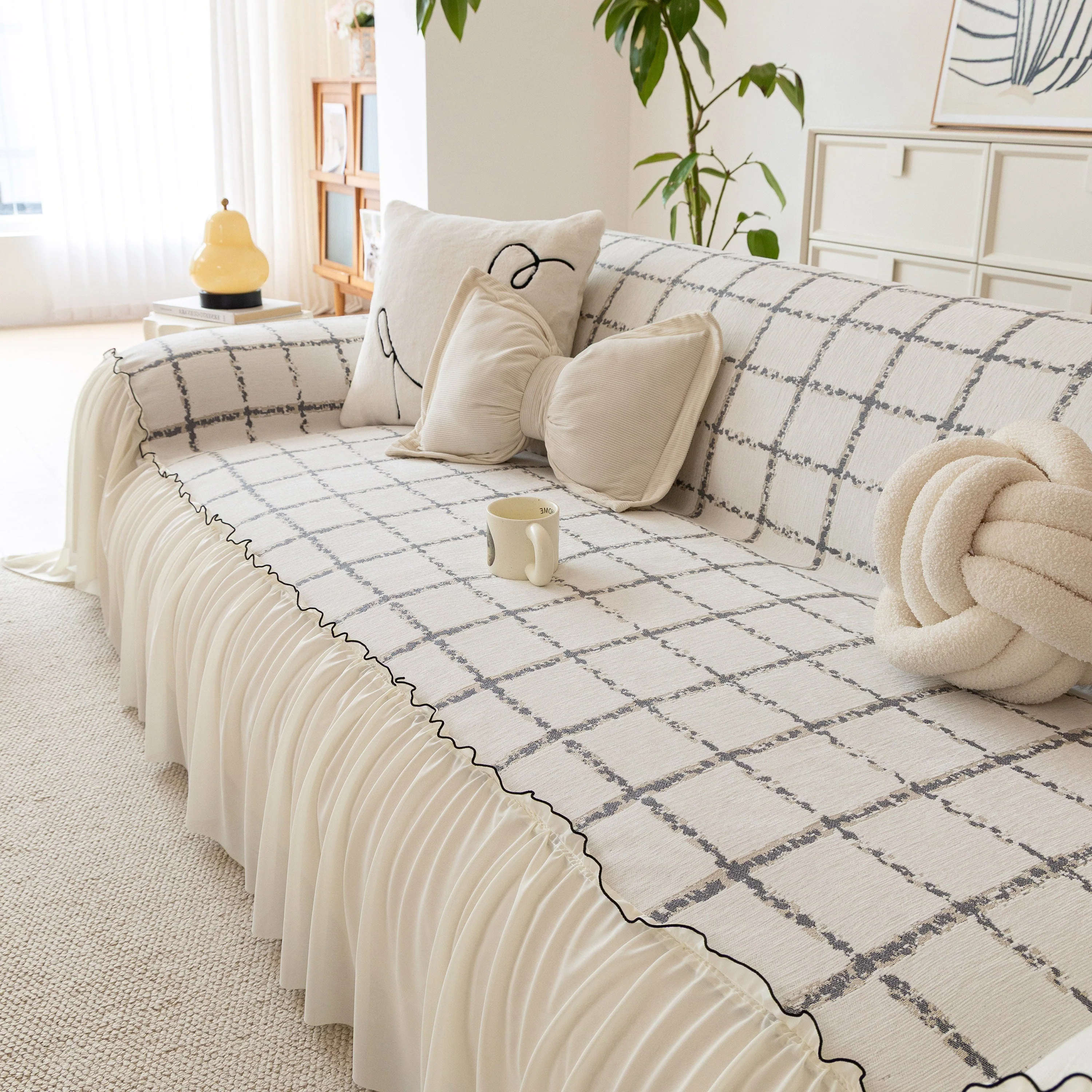 Grid Sofa Cover with Ruffle Skirt – Soft, Decorative, Full-Cover Couch Protector - Image 54