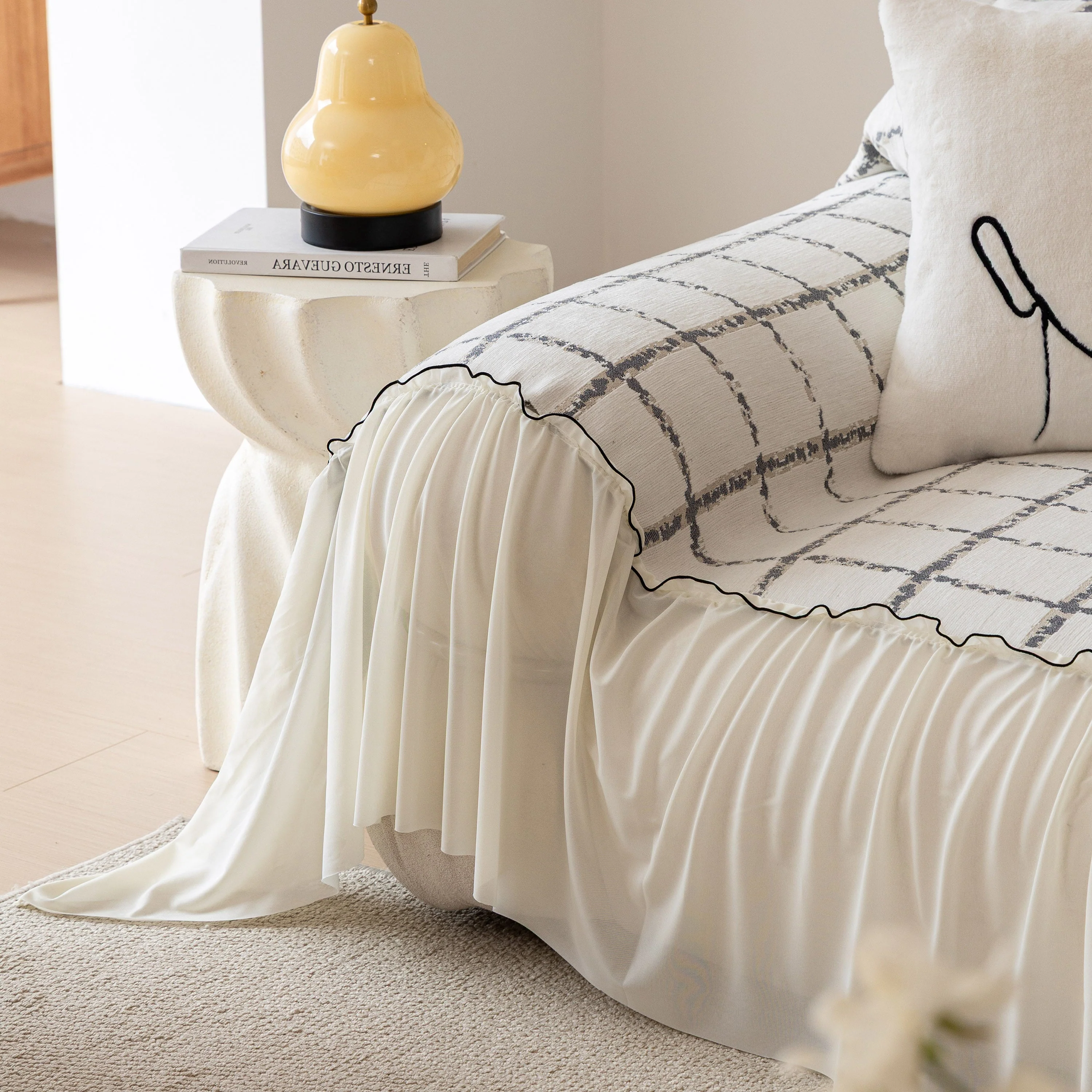 Grid Sofa Cover with Ruffle Skirt – Soft, Decorative, Full-Cover Couch Protector - Image 55