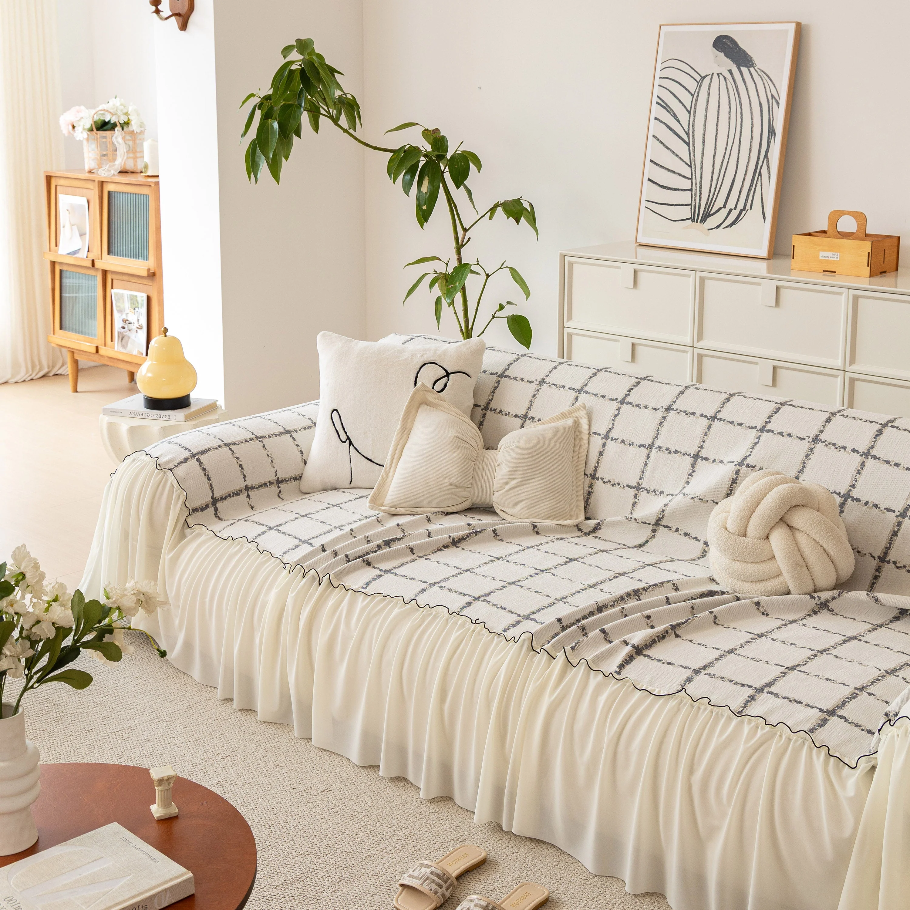 Grid Sofa Cover with Ruffle Skirt – Soft, Decorative, Full-Cover Couch Protector - Image 58