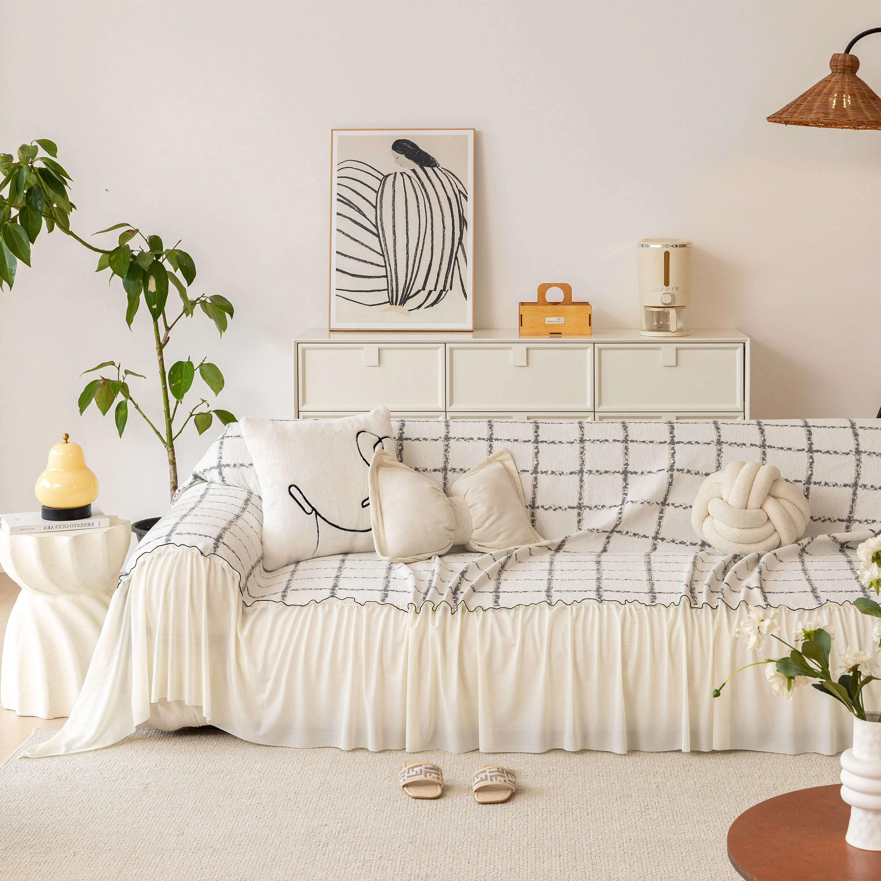 Grid Sofa Cover with Ruffle Skirt – Soft, Decorative, Full-Cover Couch Protector - Image 59