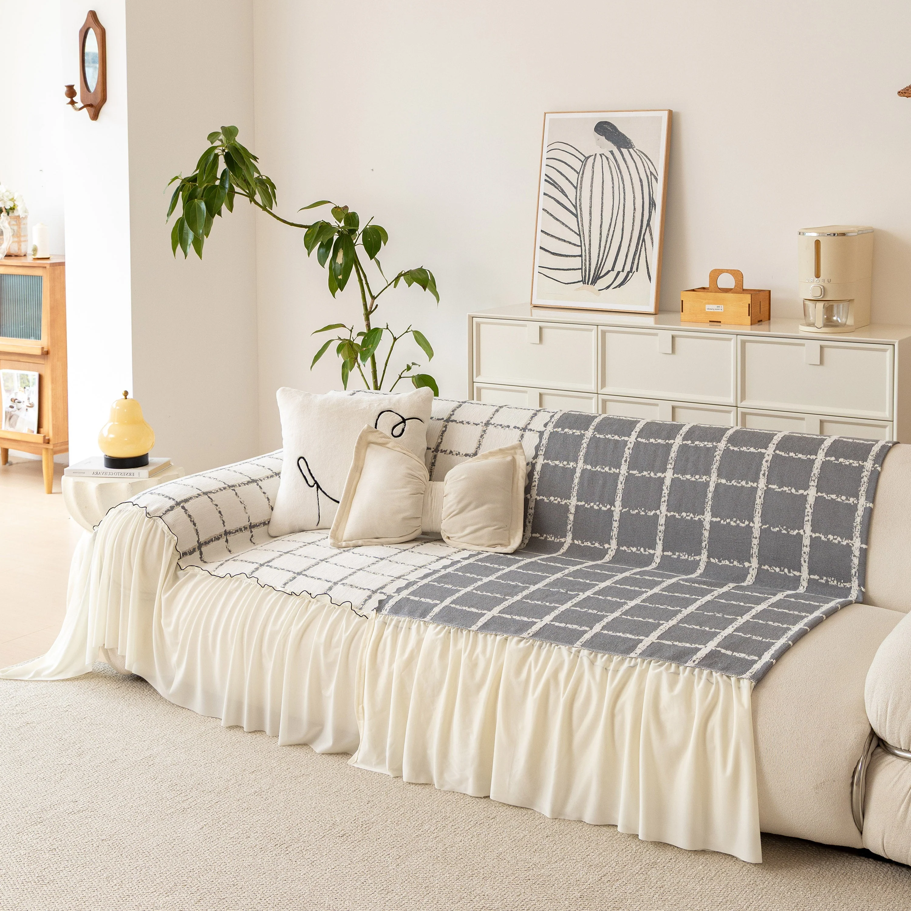 Grid Sofa Cover with Ruffle Skirt – Soft, Decorative, Full-Cover Couch Protector - Image 60