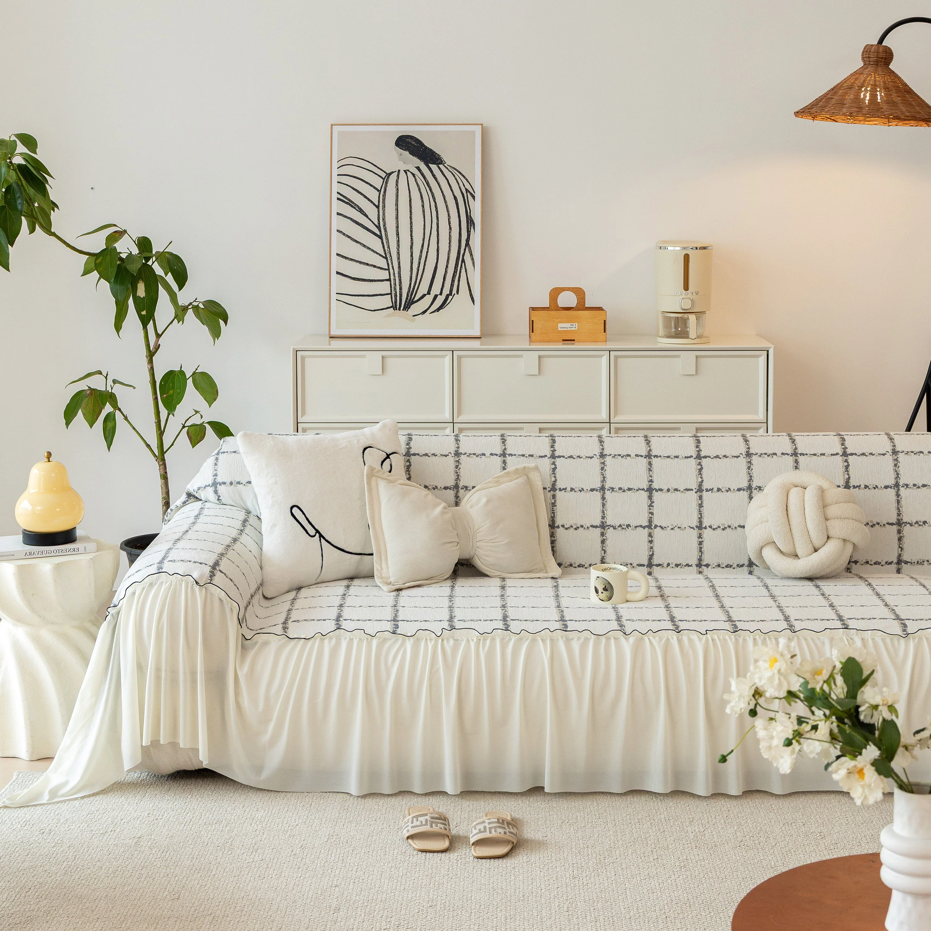 Grid Sofa Cover with Ruffle Skirt – Soft, Decorative, Full-Cover Couch Protector - Image 65