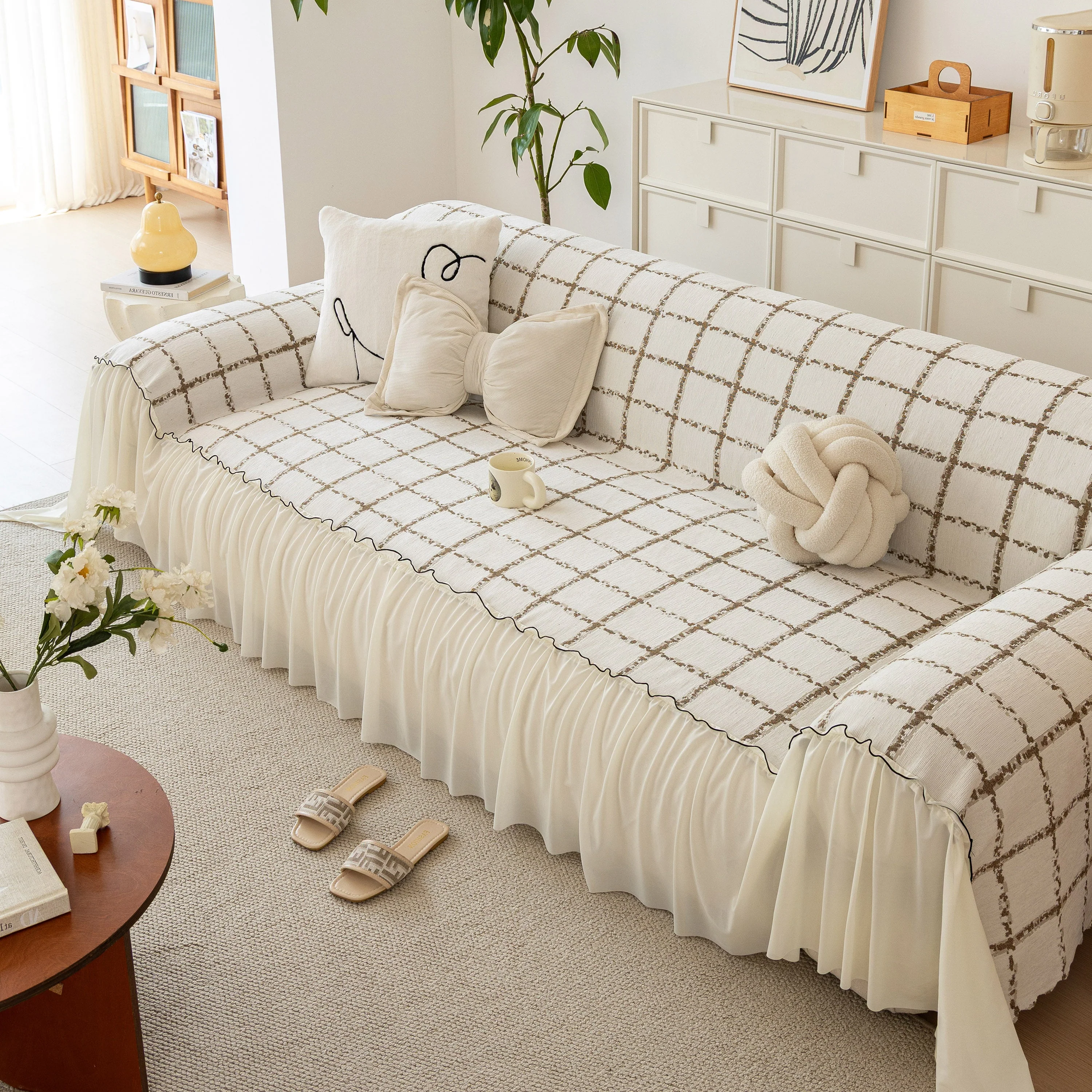 Grid Sofa Cover with Ruffle Skirt – Soft, Decorative, Full-Cover Couch Protector - Image 66