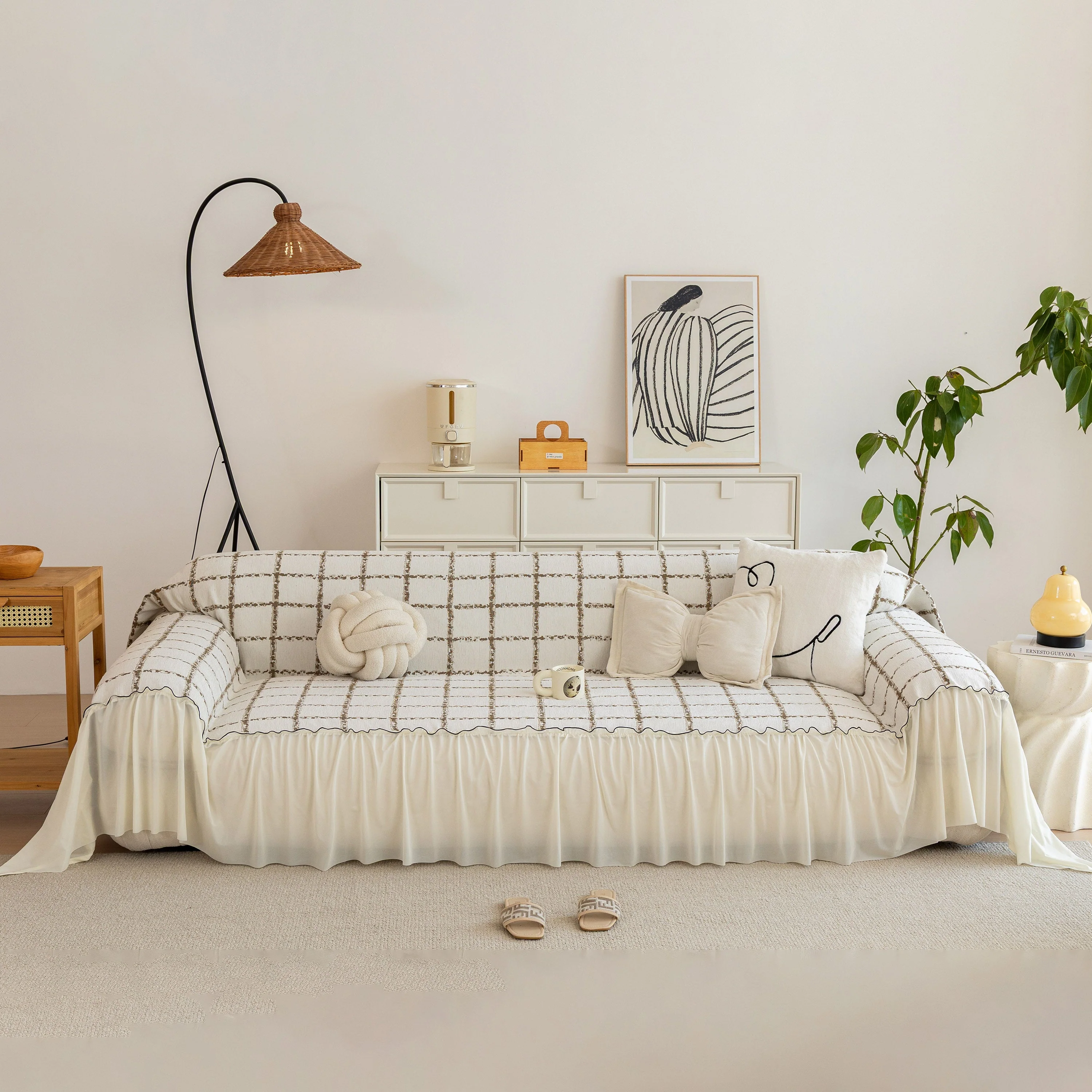Grid Sofa Cover with Ruffle Skirt – Soft, Decorative, Full-Cover Couch Protector - Image 67