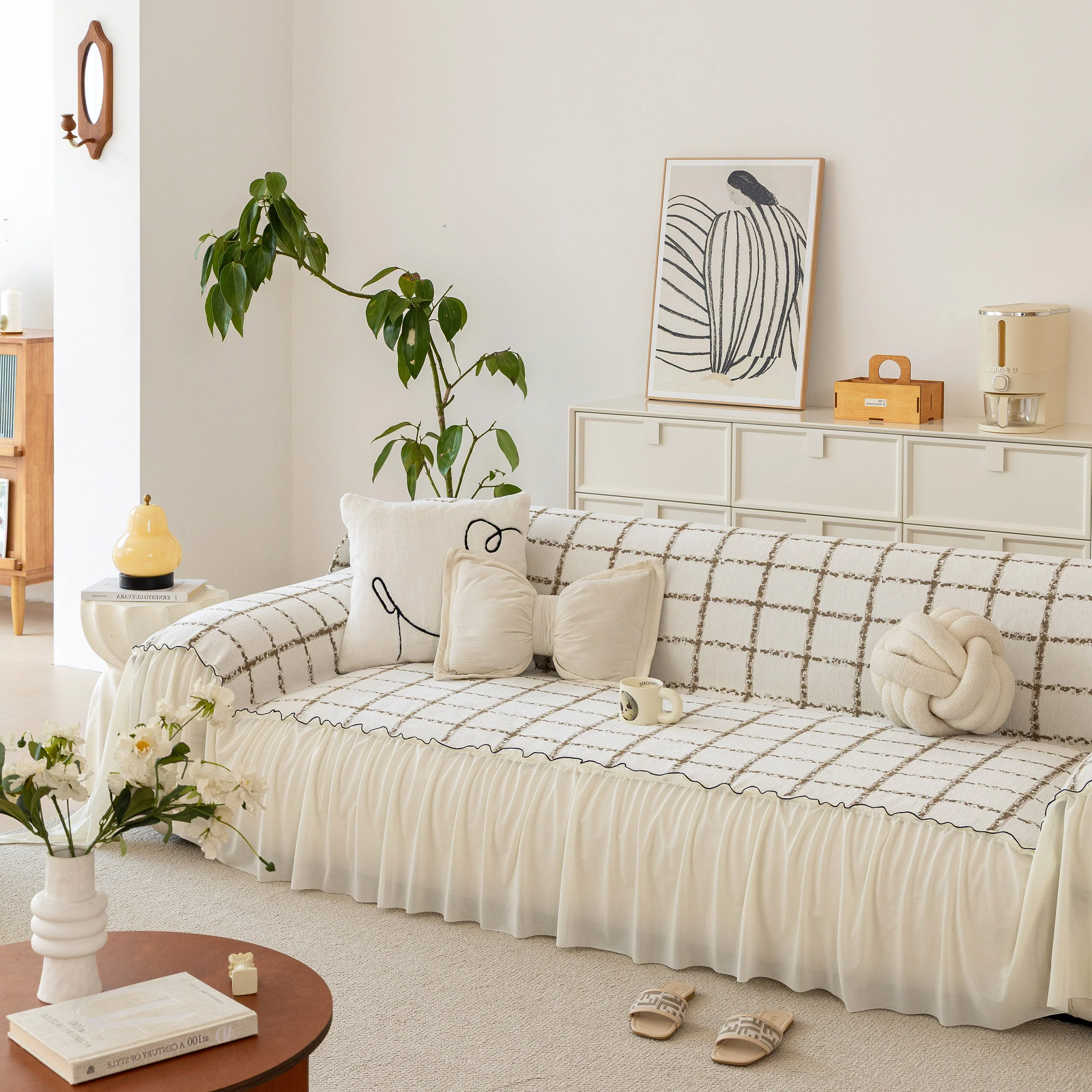 Grid Sofa Cover with Ruffle Skirt – Soft, Decorative, Full-Cover Couch Protector - Image 68