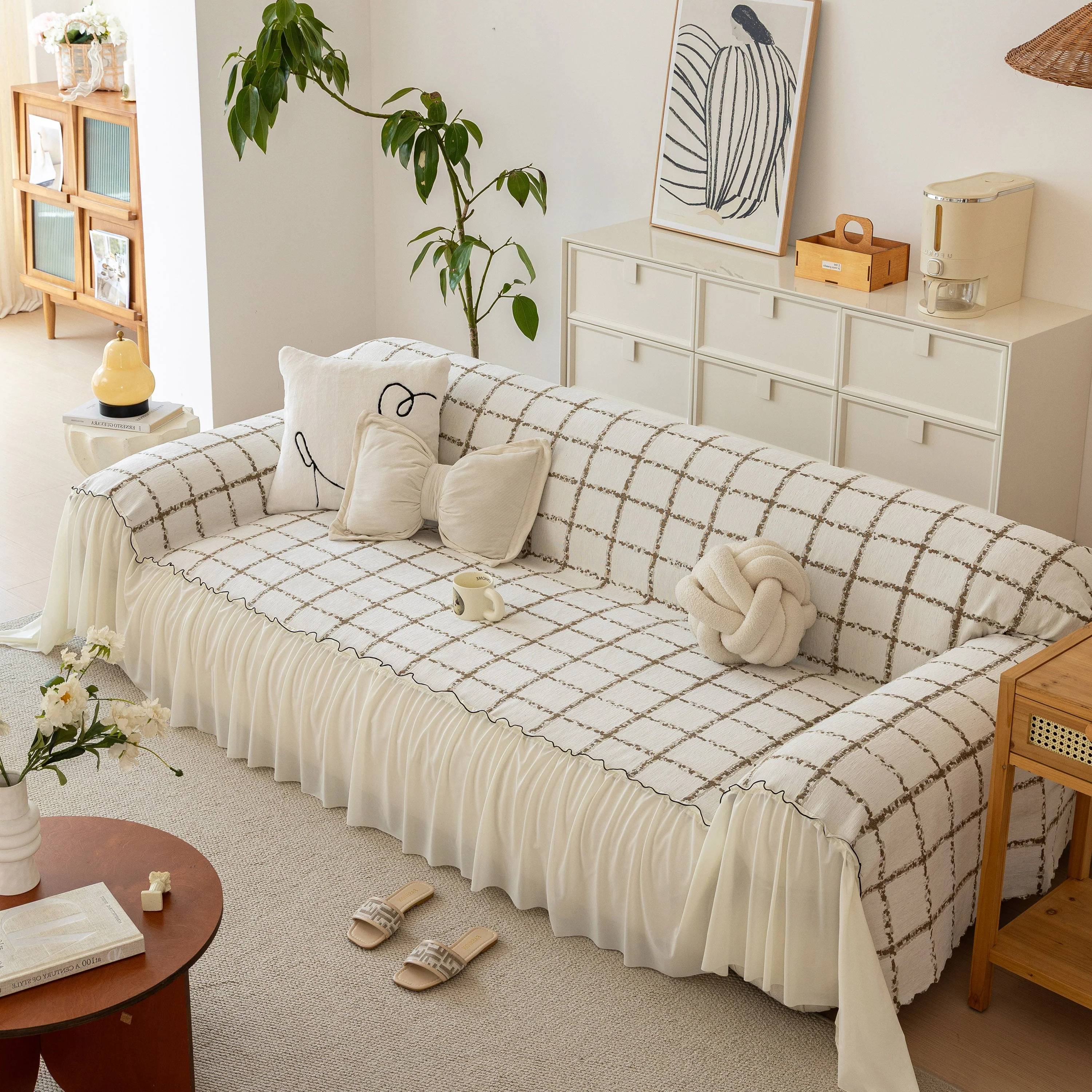 Grid Sofa Cover with Ruffle Skirt – Soft, Decorative, Full-Cover Couch Protector - Image 69