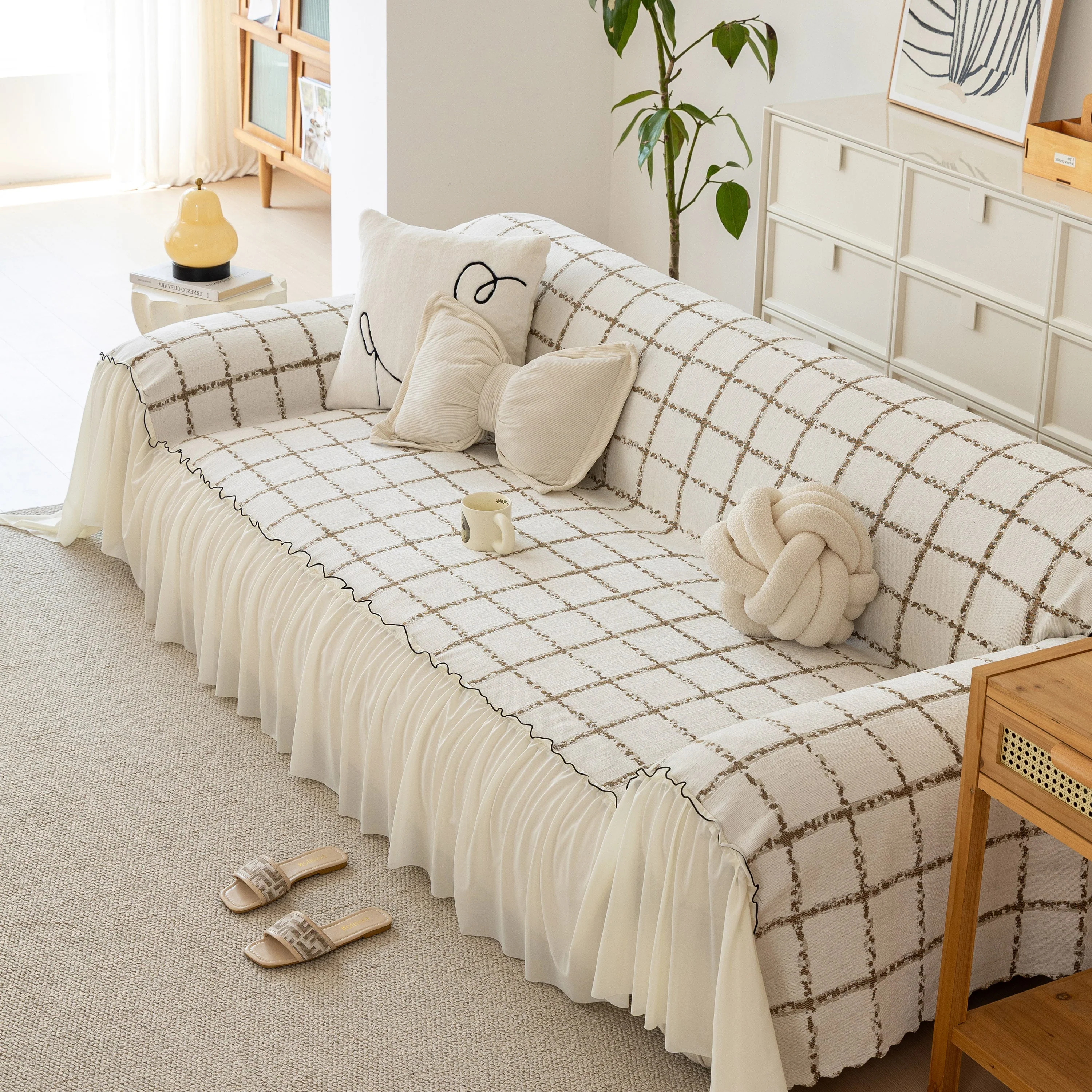 Grid Sofa Cover with Ruffle Skirt – Soft, Decorative, Full-Cover Couch Protector - Image 70