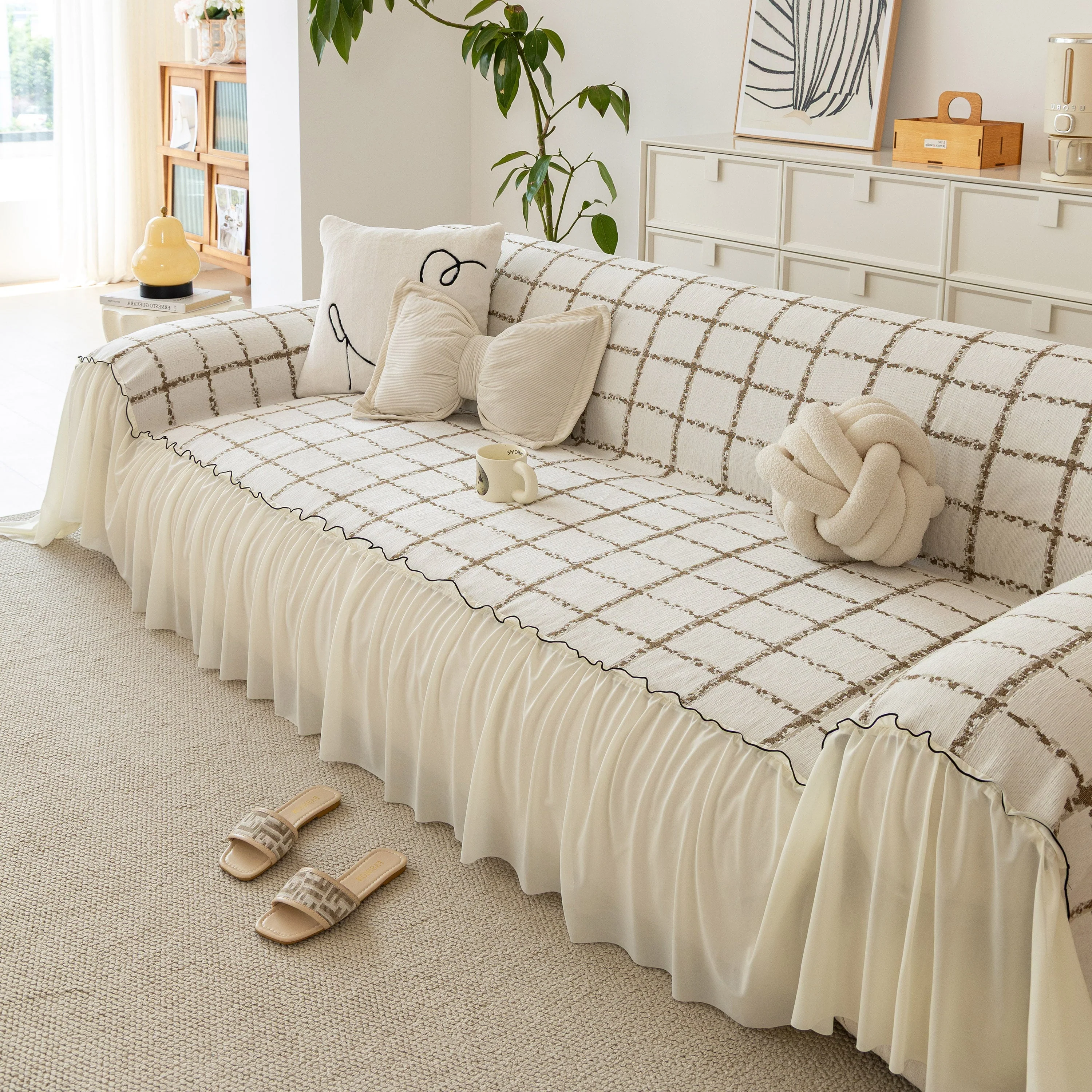 Grid Sofa Cover with Ruffle Skirt – Soft, Decorative, Full-Cover Couch Protector - Image 71