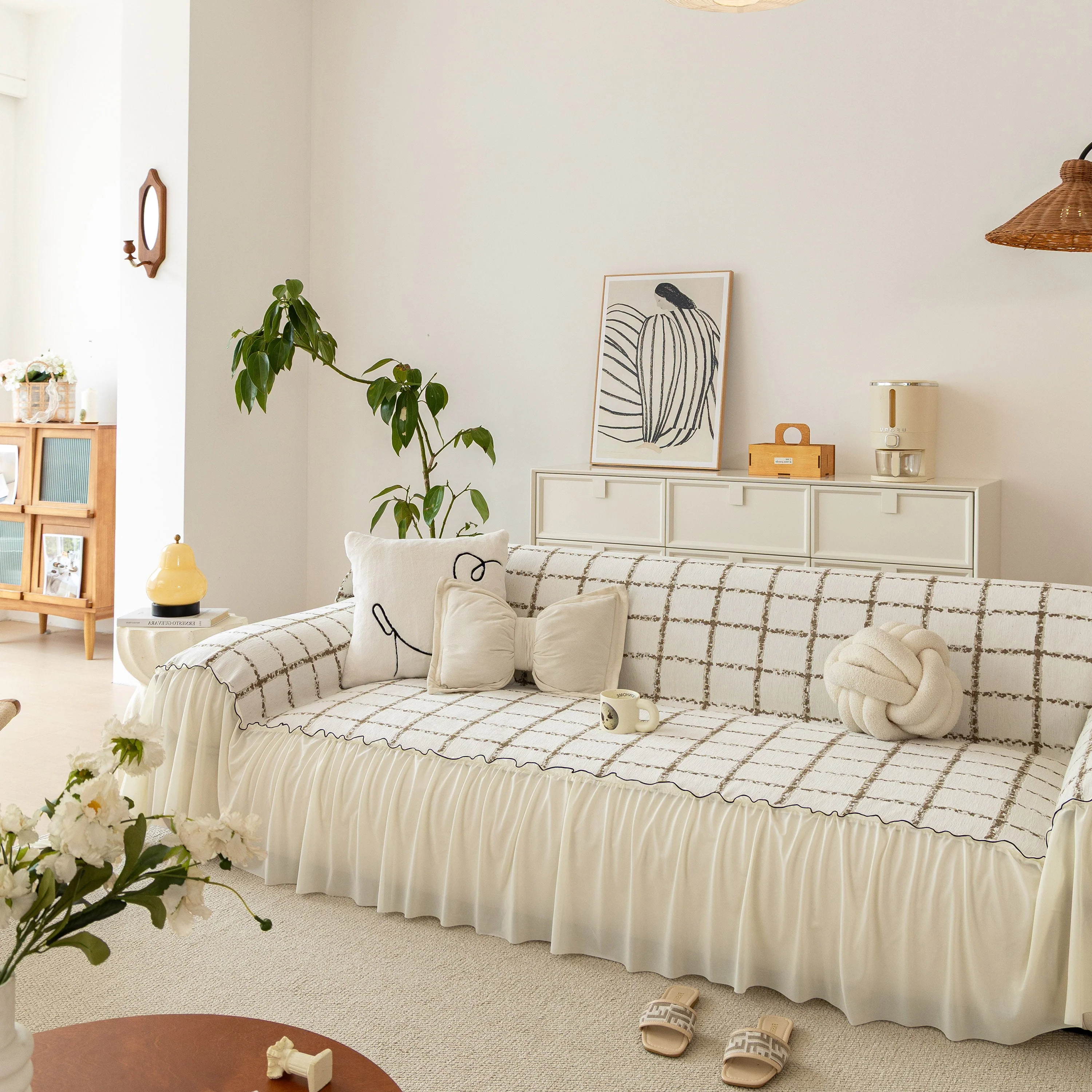 Grid Sofa Cover with Ruffle Skirt – Soft, Decorative, Full-Cover Couch Protector - Image 72