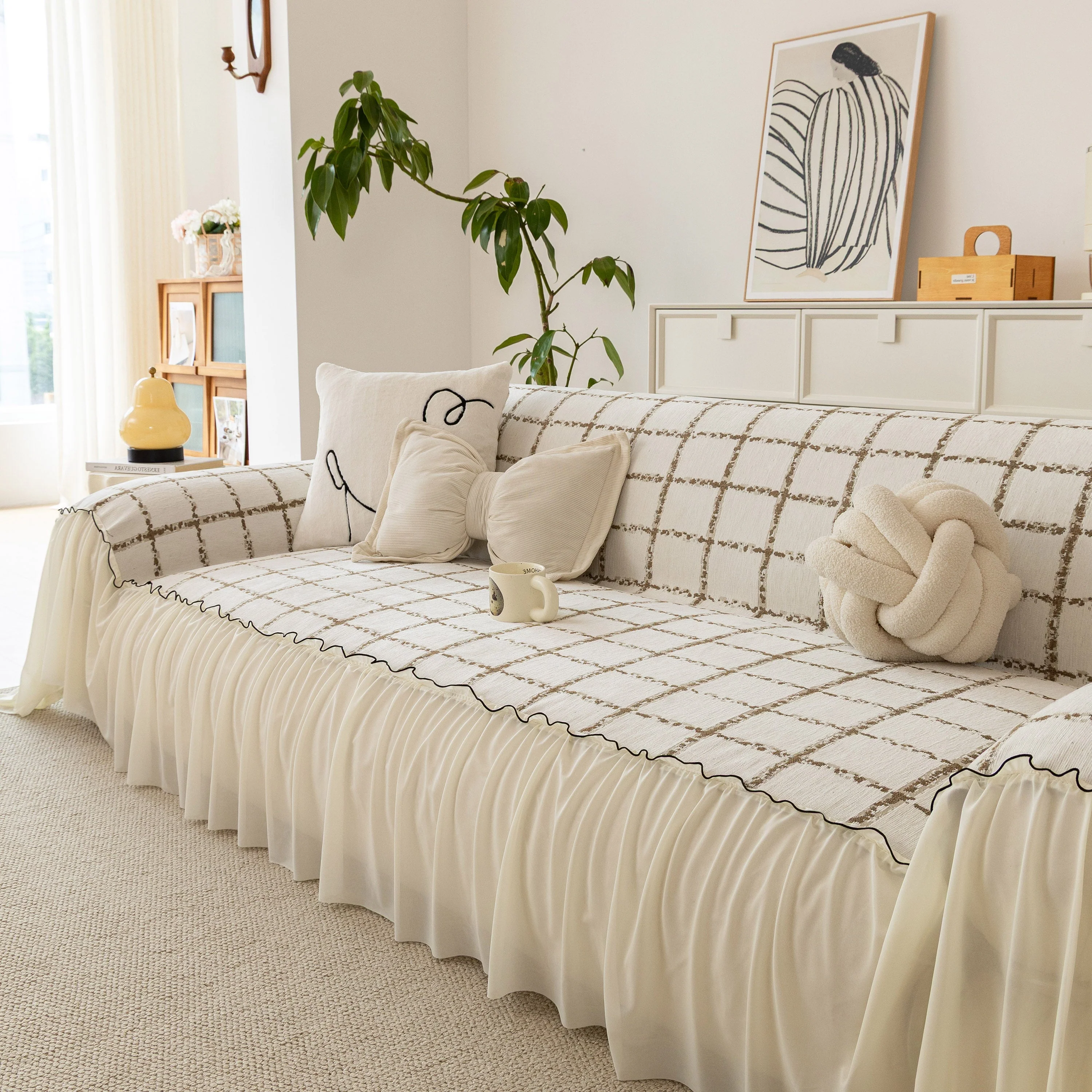 Grid Sofa Cover with Ruffle Skirt – Soft, Decorative, Full-Cover Couch Protector - Image 73