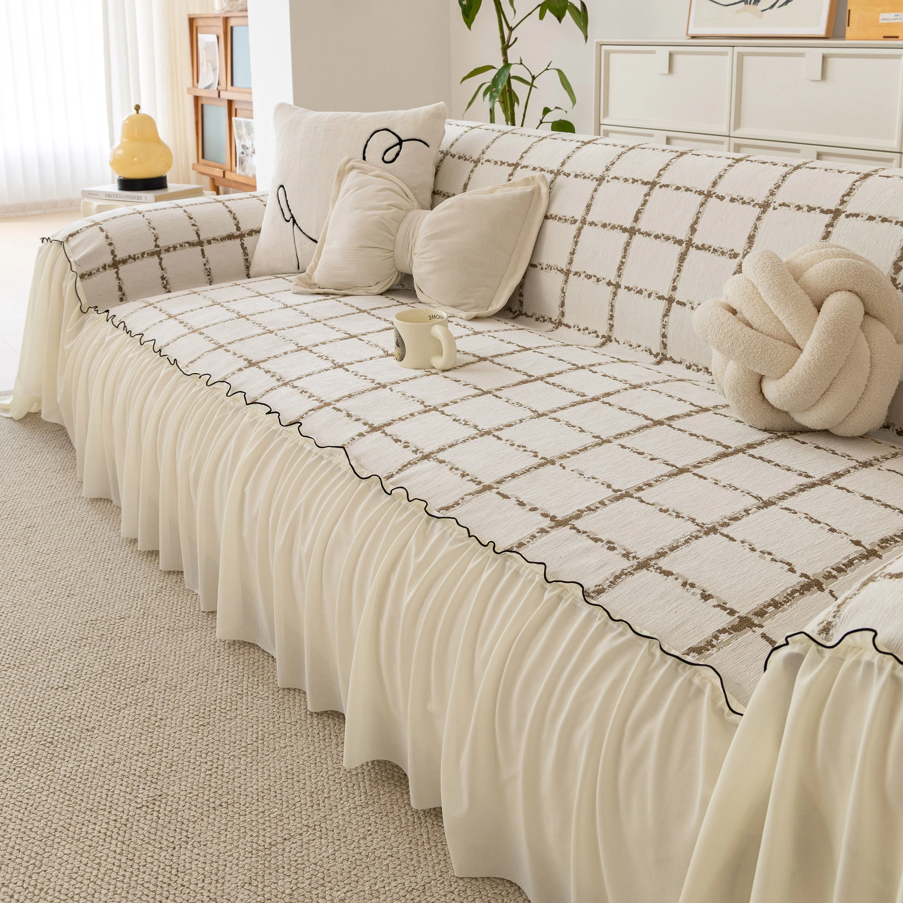 Grid Sofa Cover with Ruffle Skirt – Soft, Decorative, Full-Cover Couch Protector - Image 74