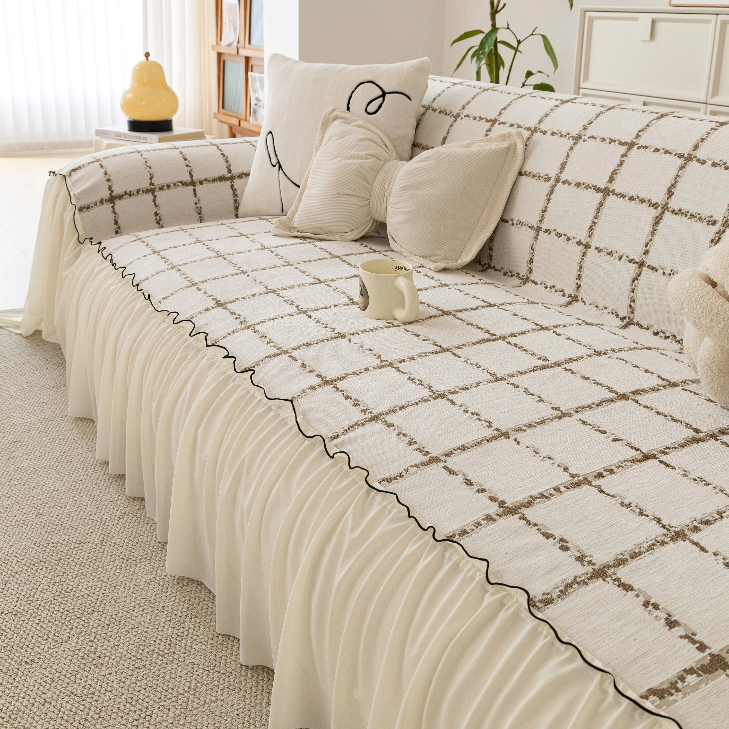 Grid Sofa Cover with Ruffle Skirt – Soft, Decorative, Full-Cover Couch Protector - Image 75