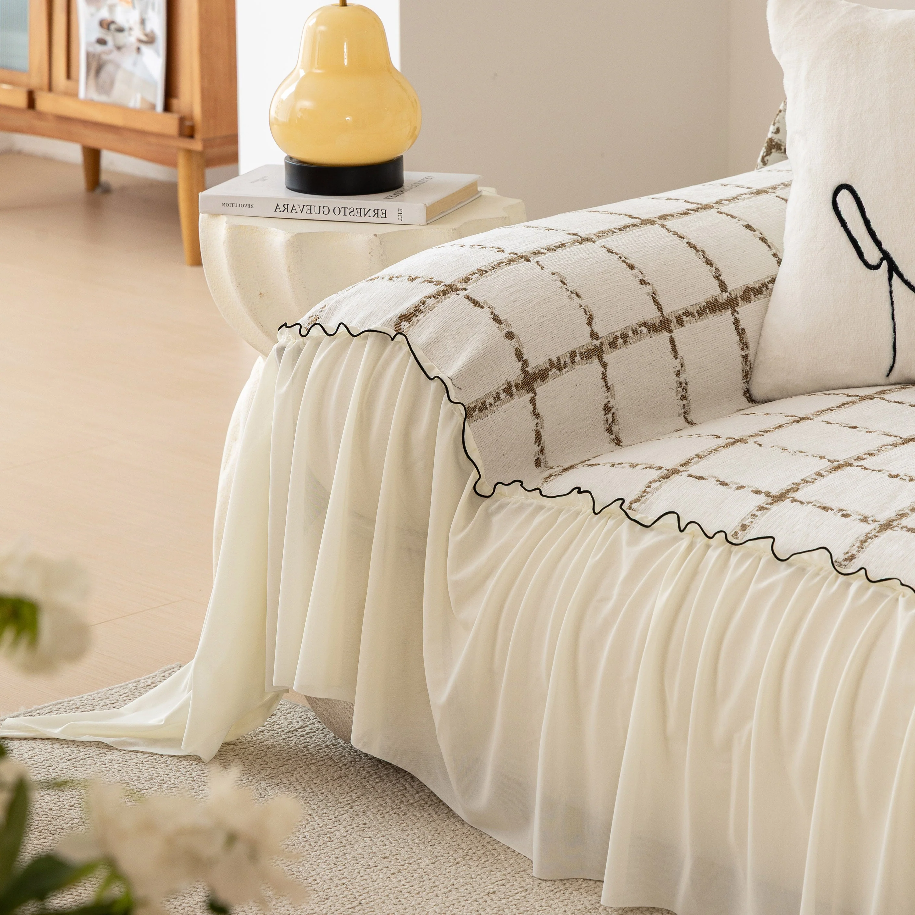 Grid Sofa Cover with Ruffle Skirt – Soft, Decorative, Full-Cover Couch Protector - Image 76