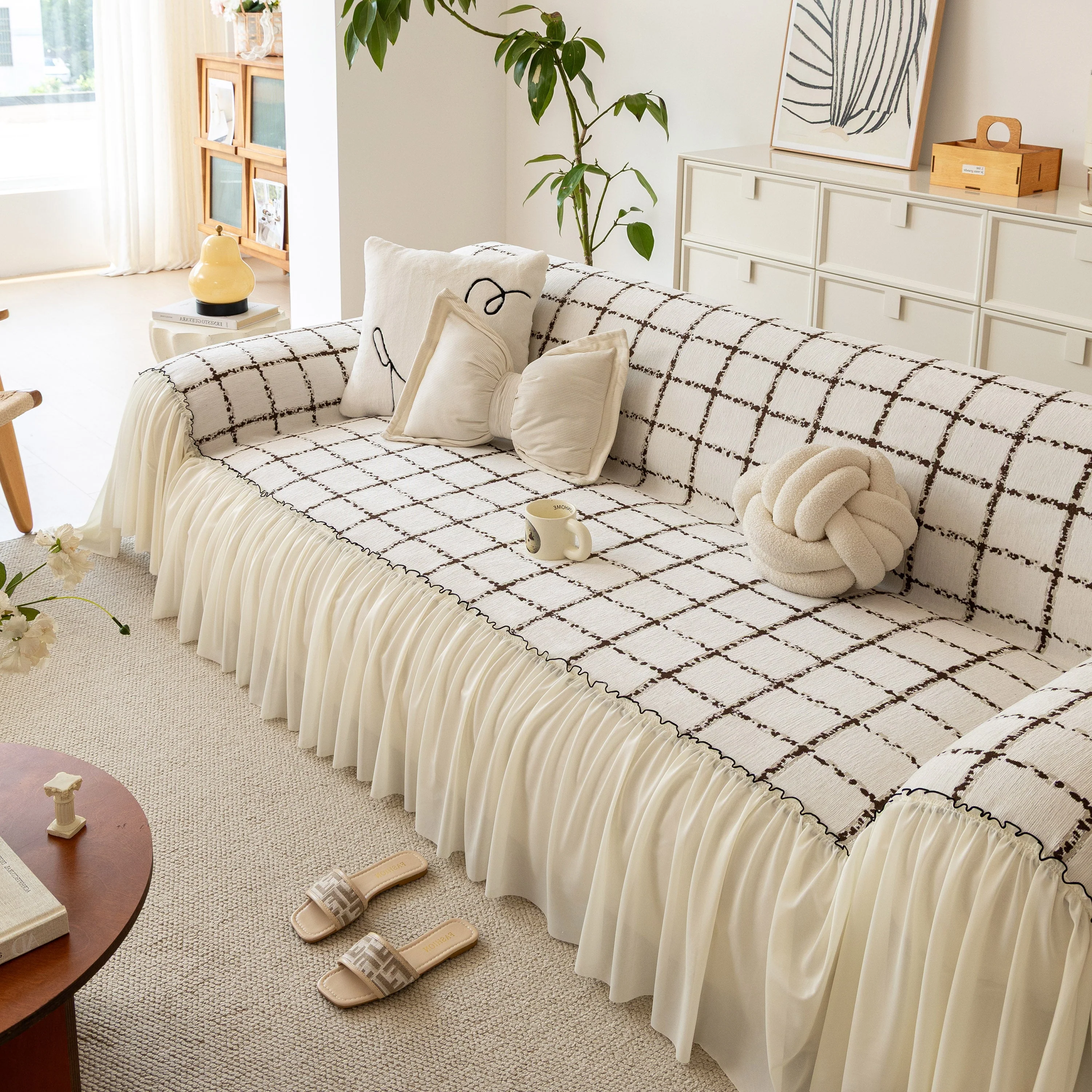 Grid Sofa Cover with Ruffle Skirt – Soft, Decorative, Full-Cover Couch Protector - Image 8