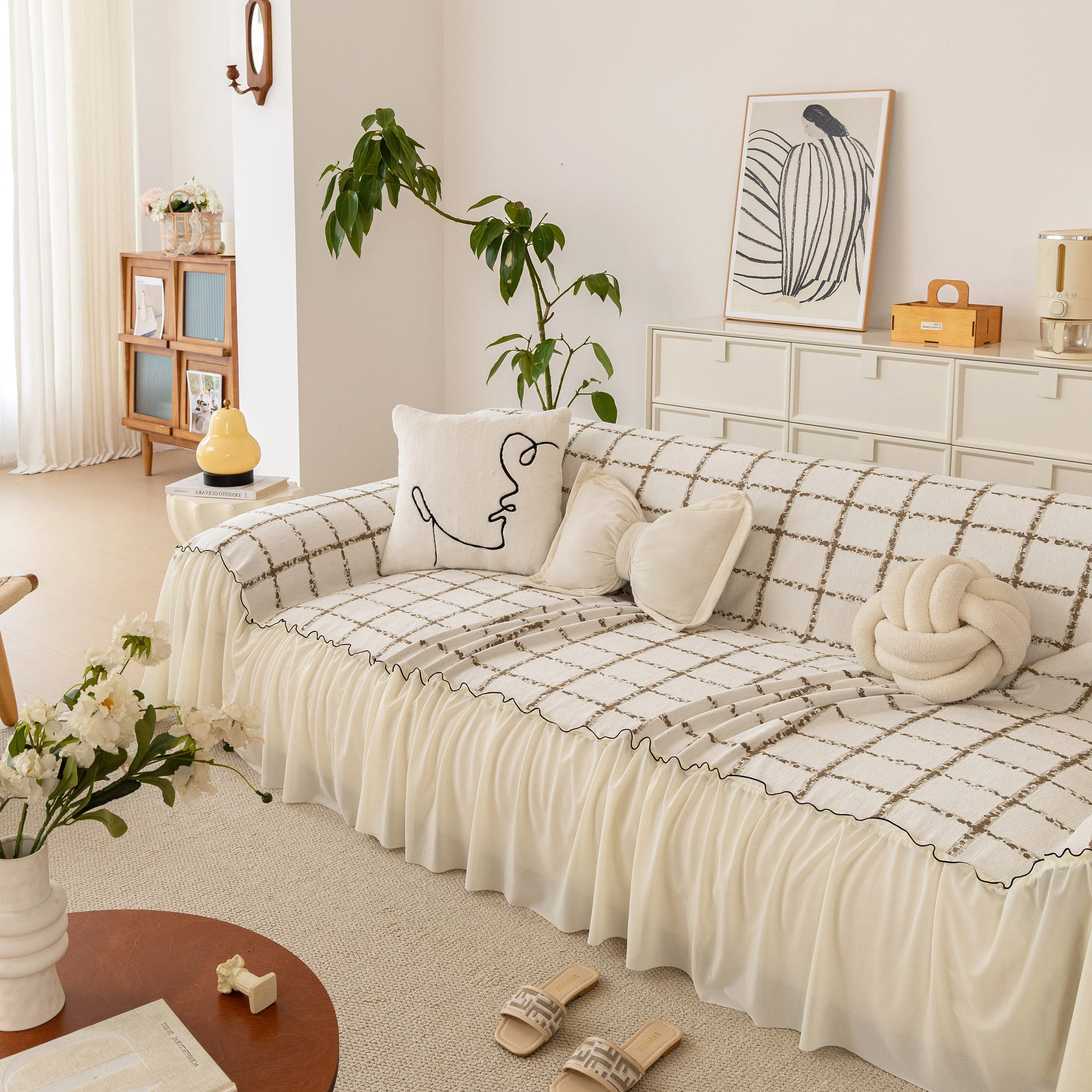 Grid Sofa Cover with Ruffle Skirt – Soft, Decorative, Full-Cover Couch Protector - Image 82