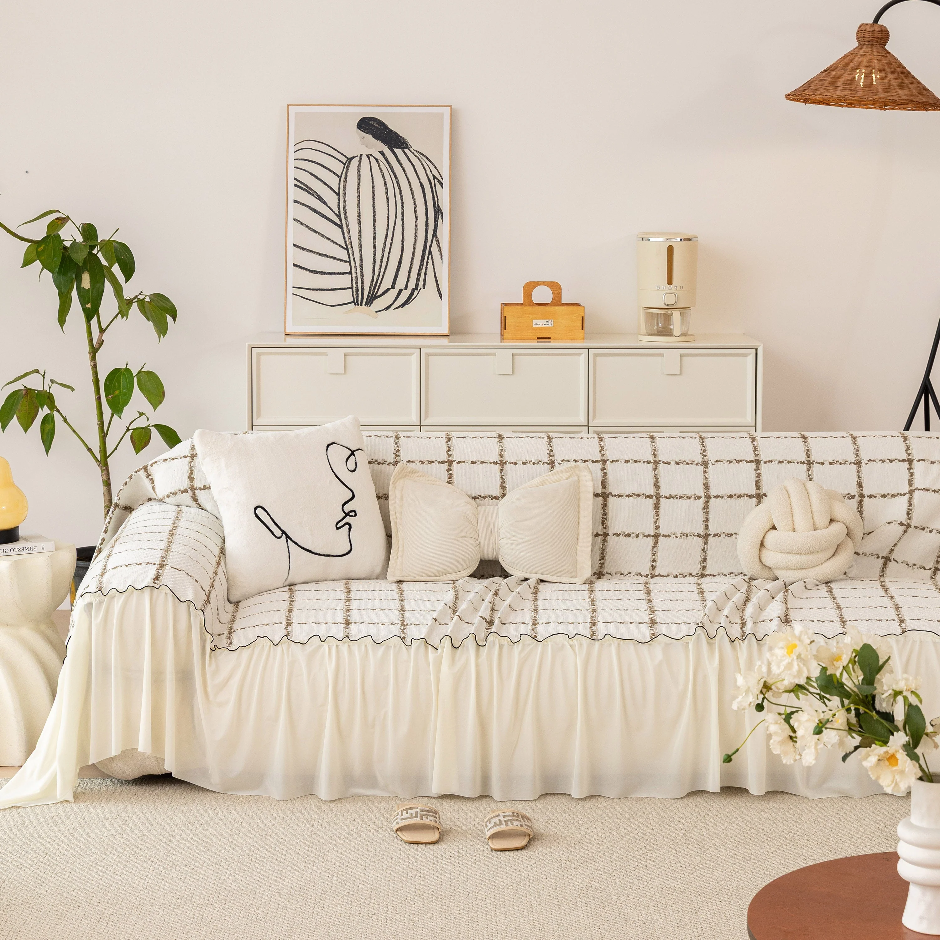 Grid Sofa Cover with Ruffle Skirt – Soft, Decorative, Full-Cover Couch Protector - Image 83