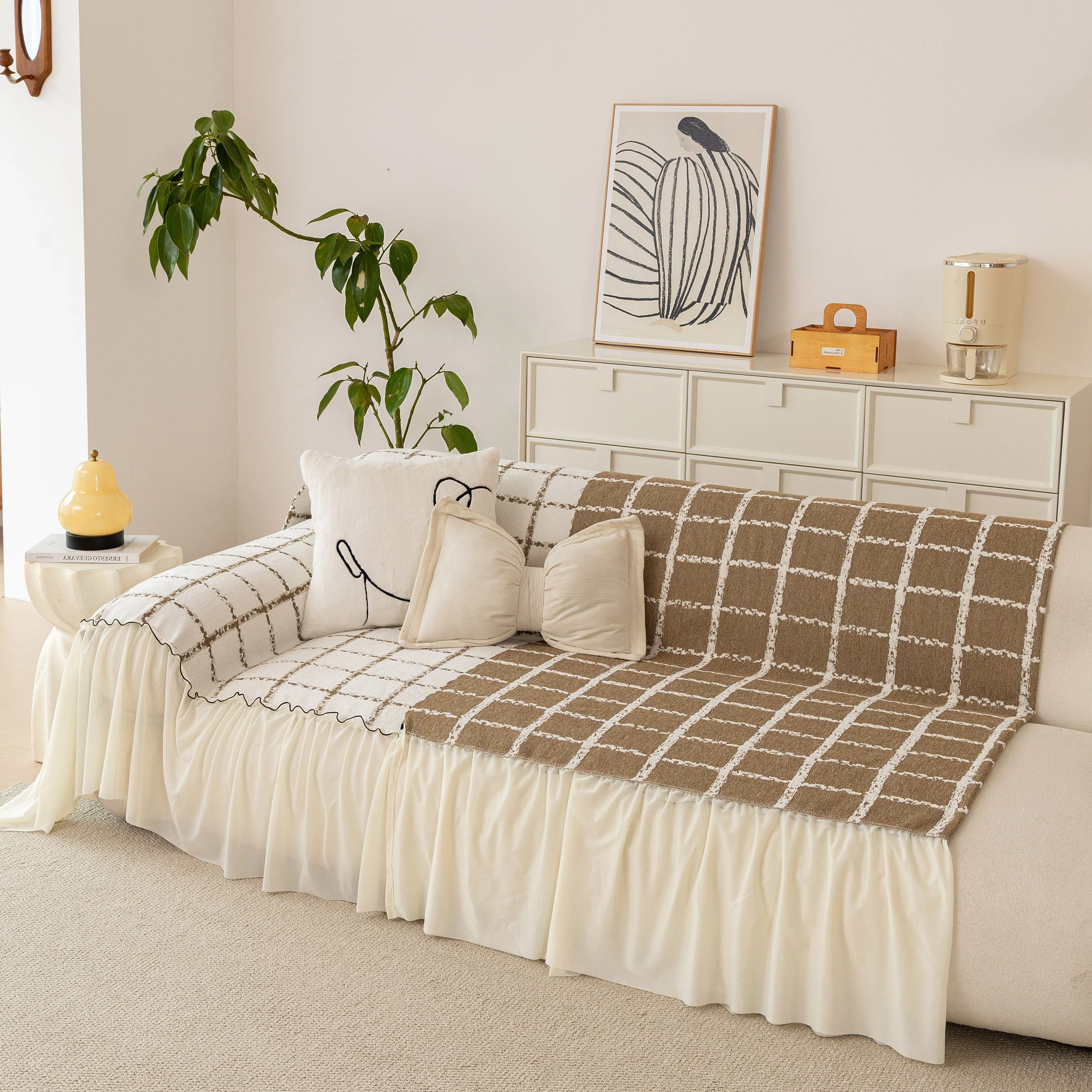 Grid Sofa Cover with Ruffle Skirt – Soft, Decorative, Full-Cover Couch Protector - Image 84