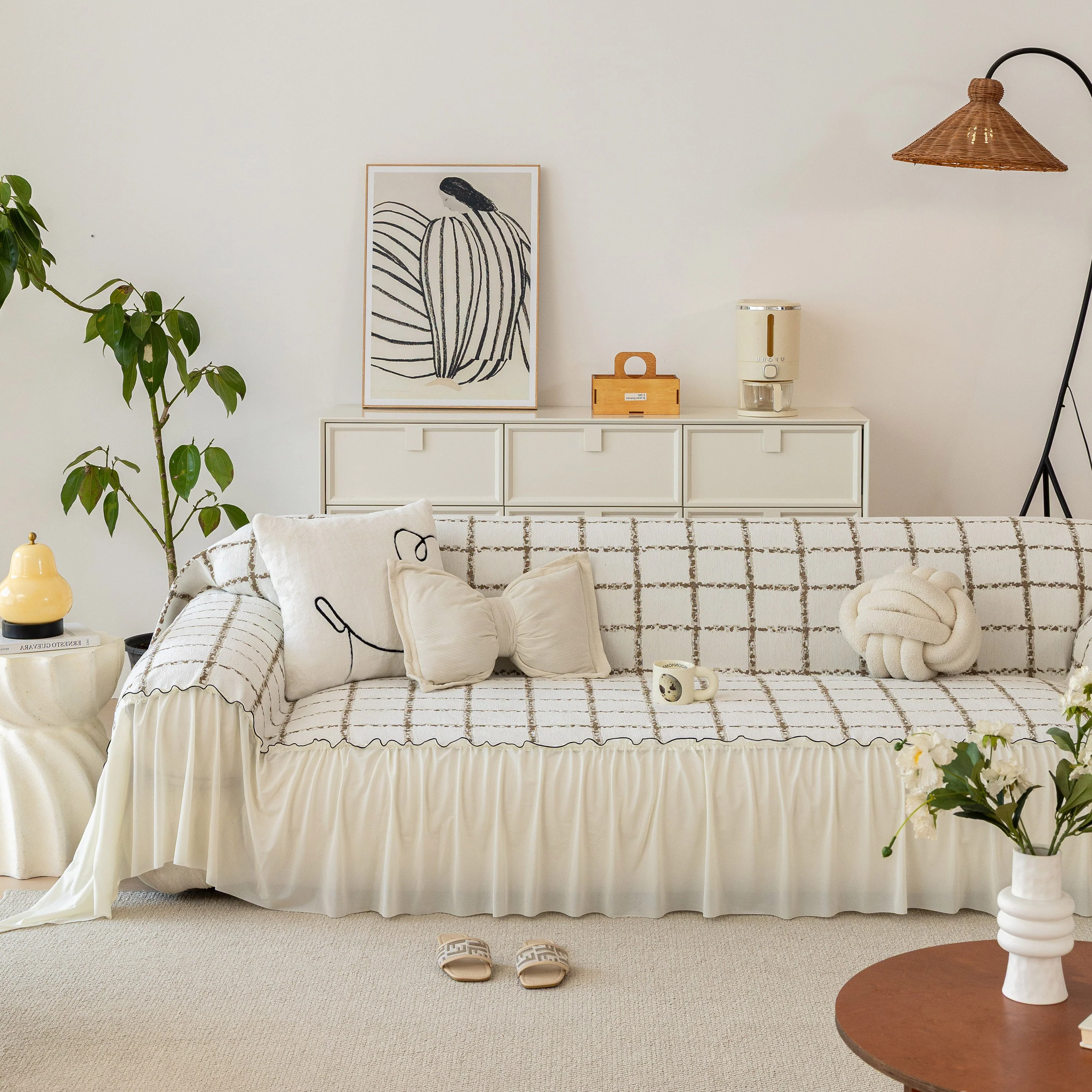 Grid Sofa Cover with Ruffle Skirt – Soft, Decorative, Full-Cover Couch Protector - Image 88