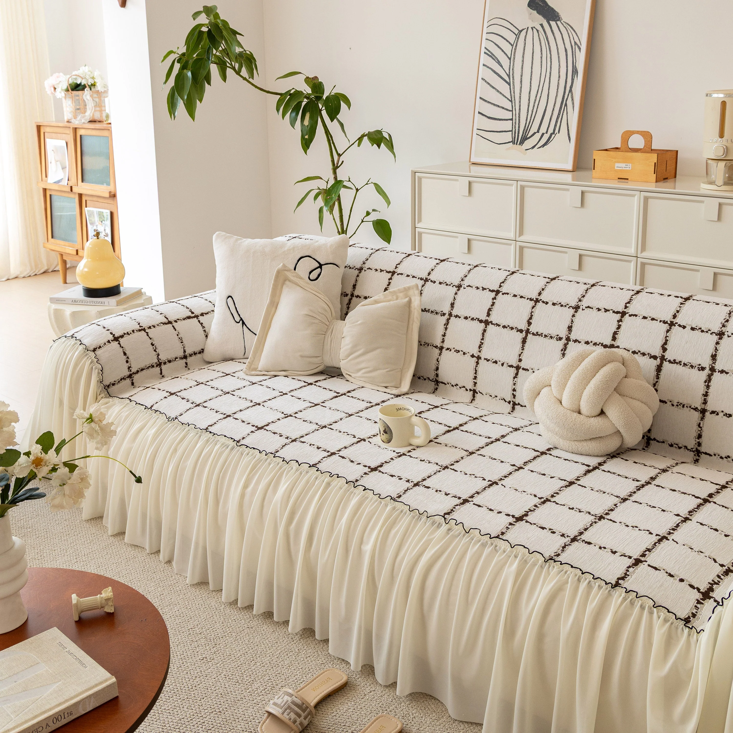 Grid Sofa Cover with Ruffle Skirt – Soft, Decorative, Full-Cover Couch Protector - Image 9